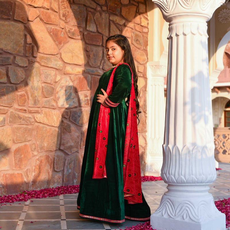 Lush Green & Red Velvet Anarkali Set
