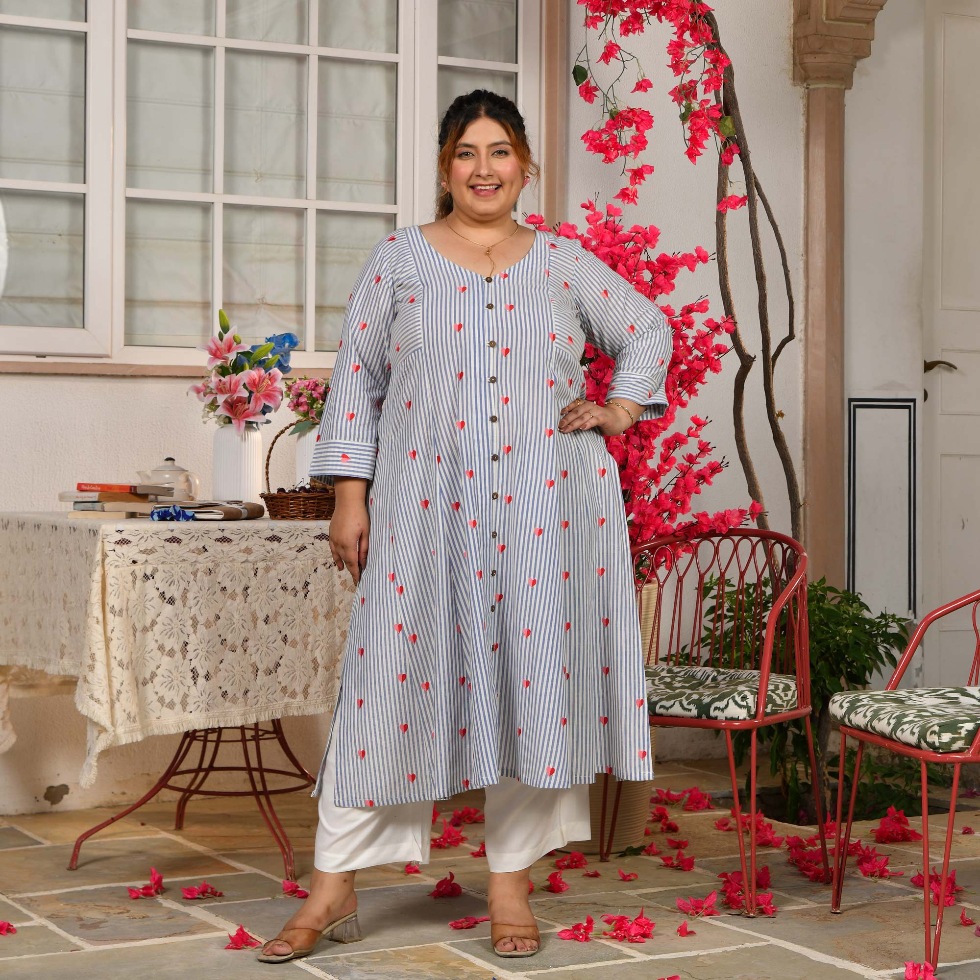 Bubbles-  Linen Blue Love Striped Pure Cotton Aline Kurta