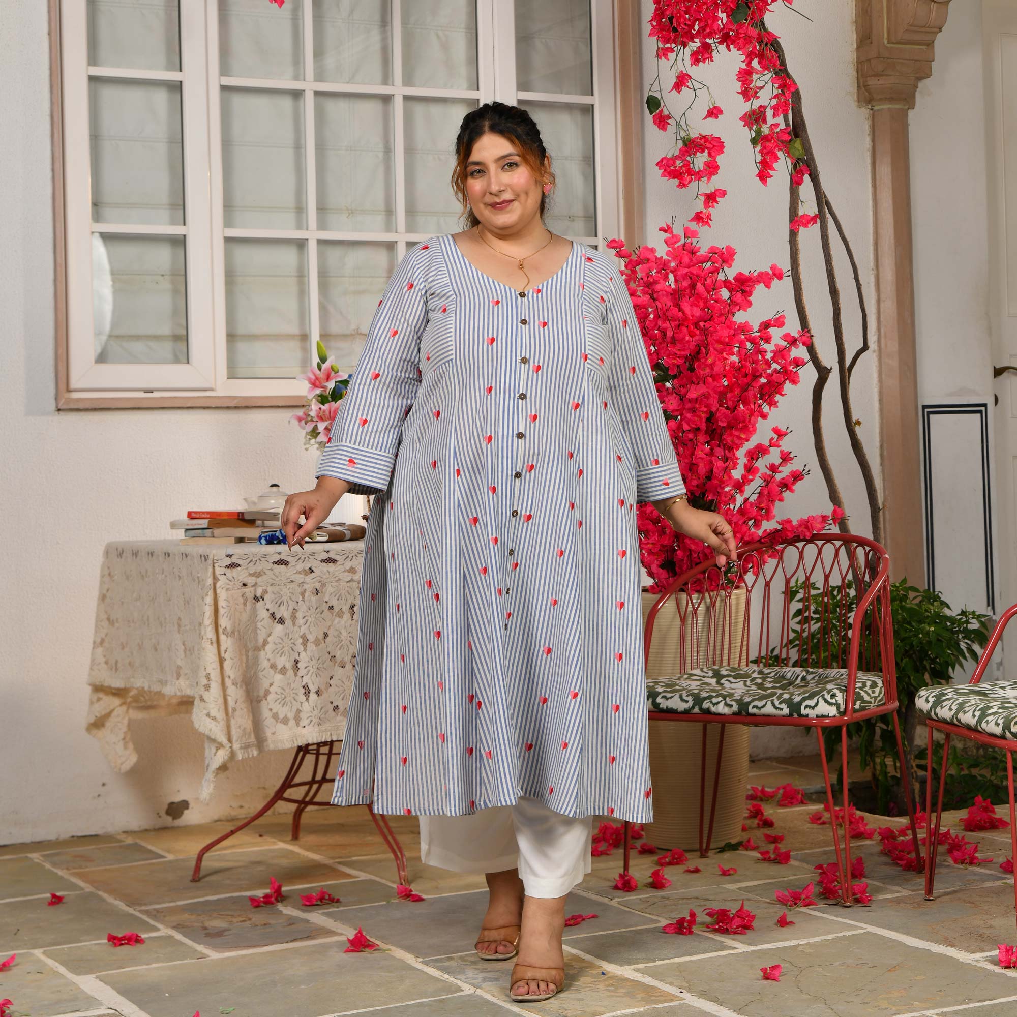 Bubbles-  Linen Blue Love Striped Pure Cotton Aline Kurta