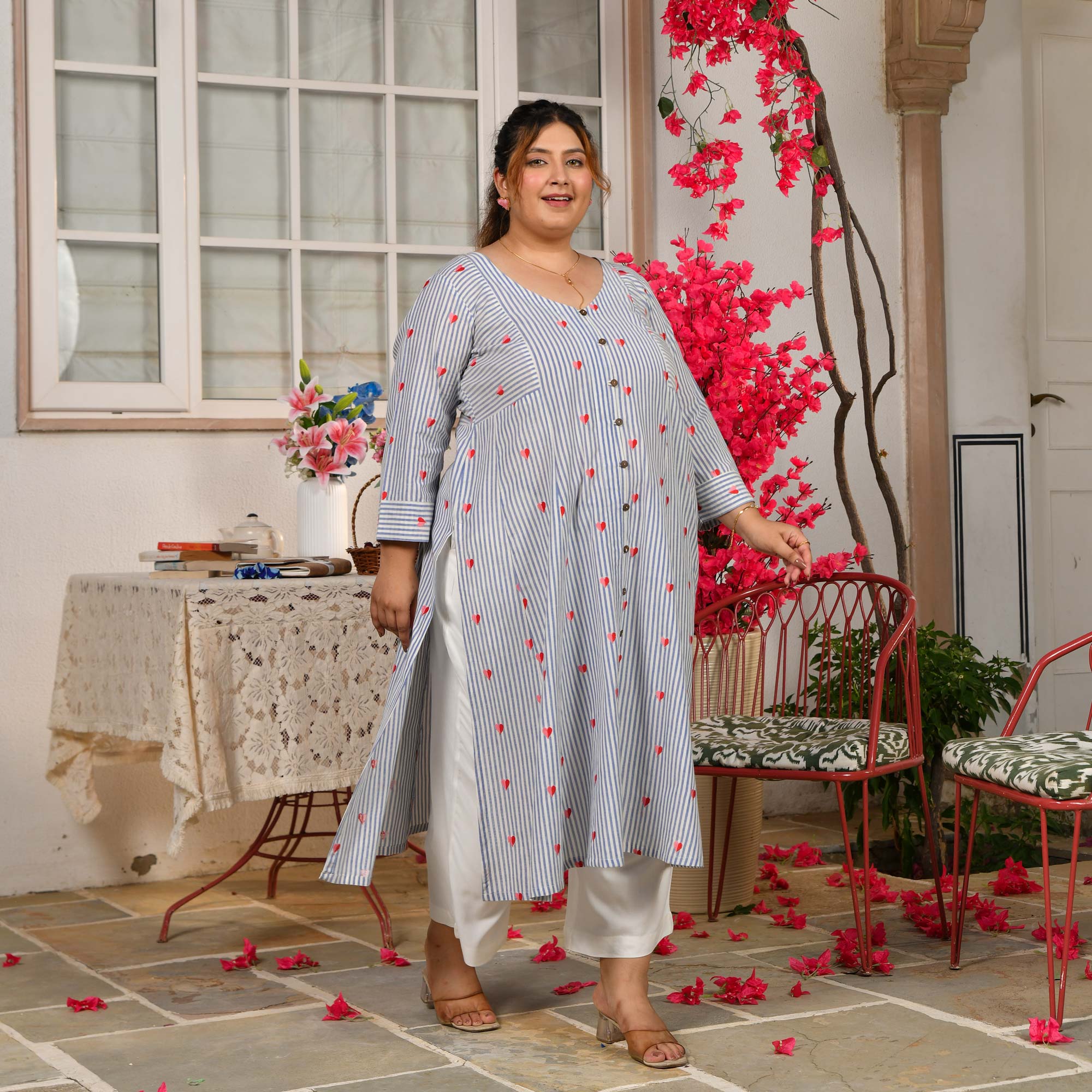 Bubbles-  Linen Blue Love Striped Pure Cotton Aline Kurta