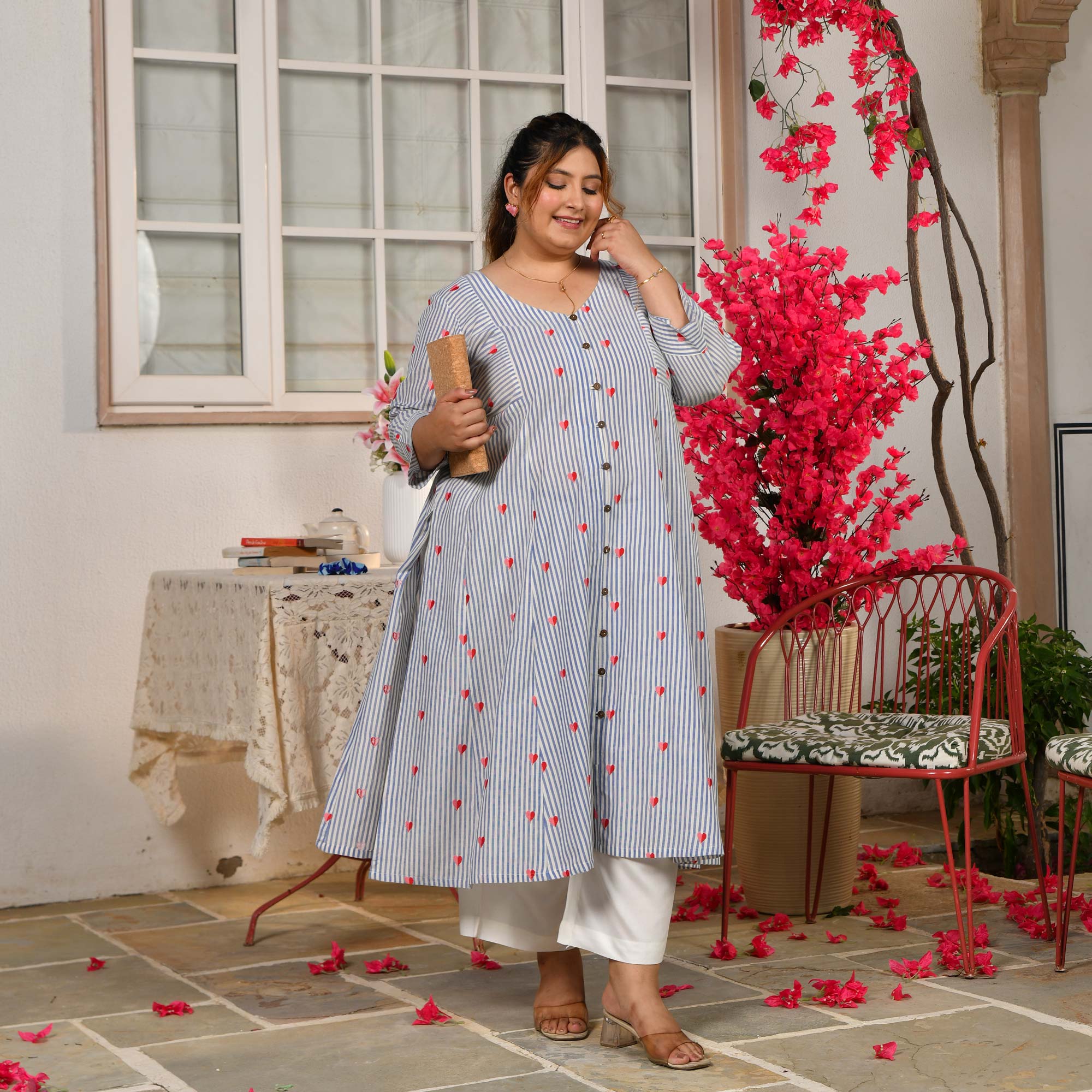 Bubbles-  Linen Blue Love Striped Pure Cotton Aline Kurta