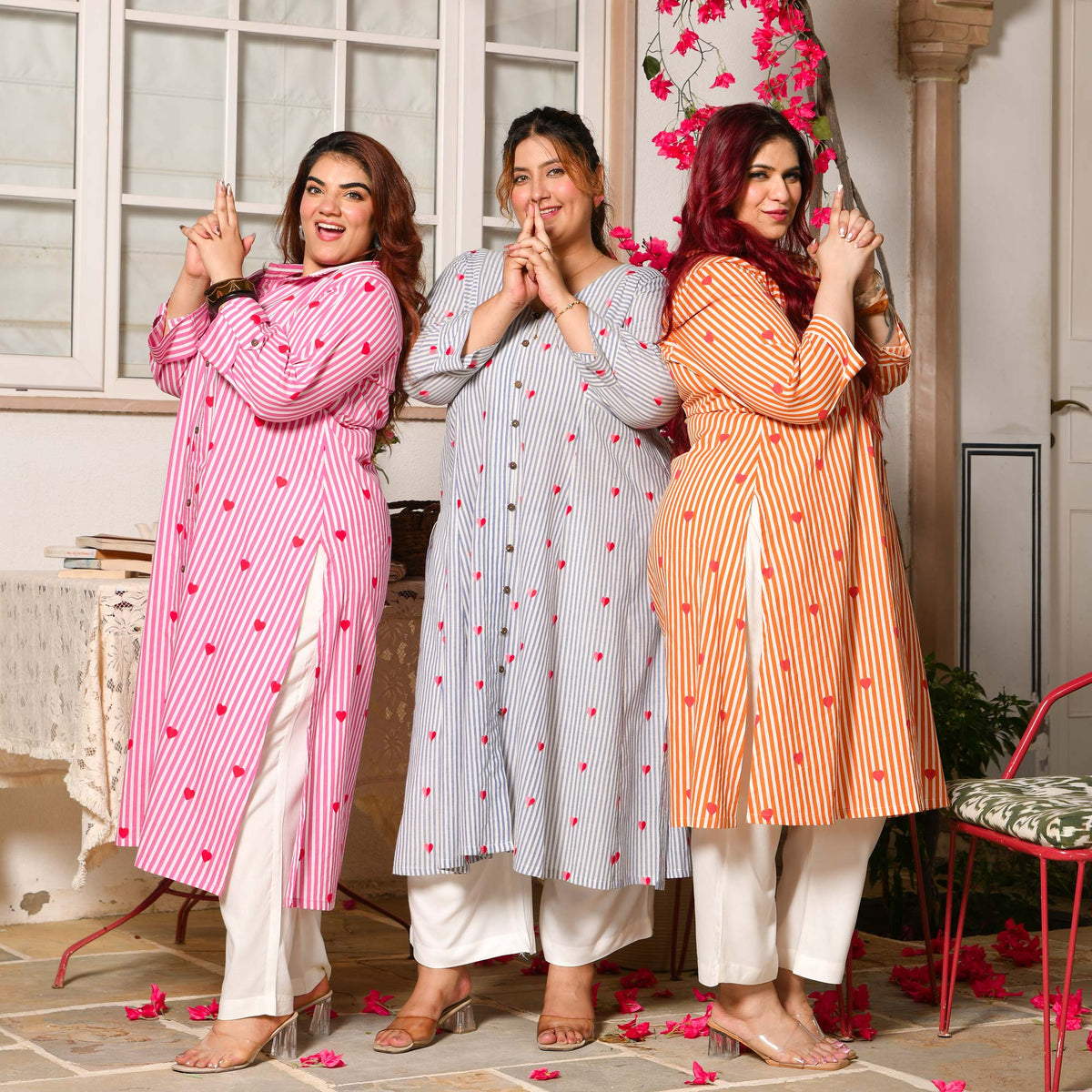Blosoom- Strawberry Pink Love Striped Pure Cotton Aline Kurta