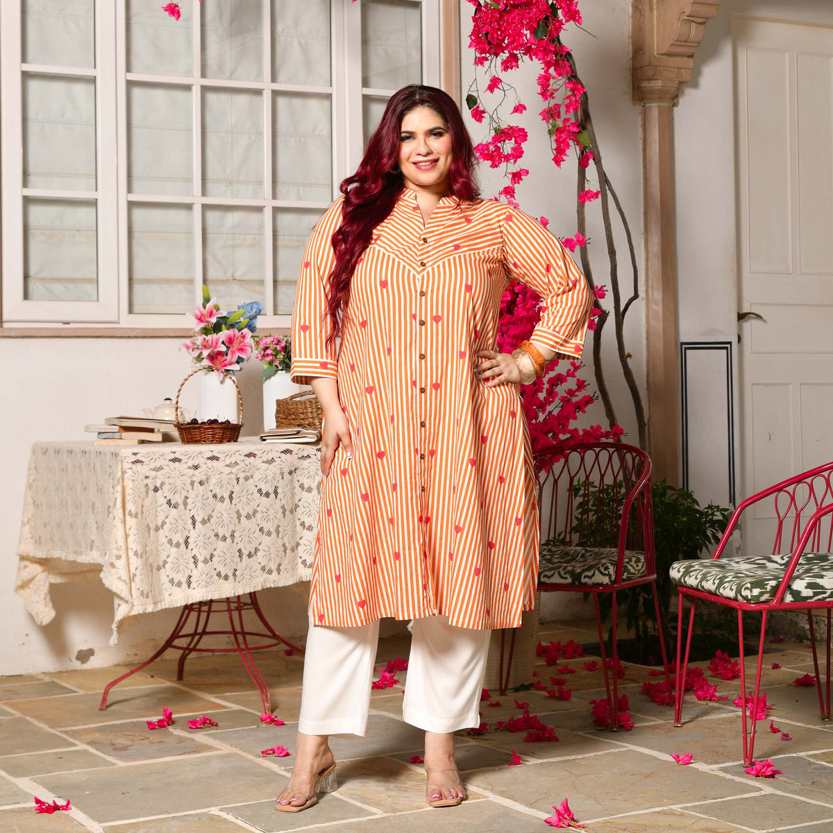 Buttercup- Orange Love Striped Pure Cotton Aline Kurta
