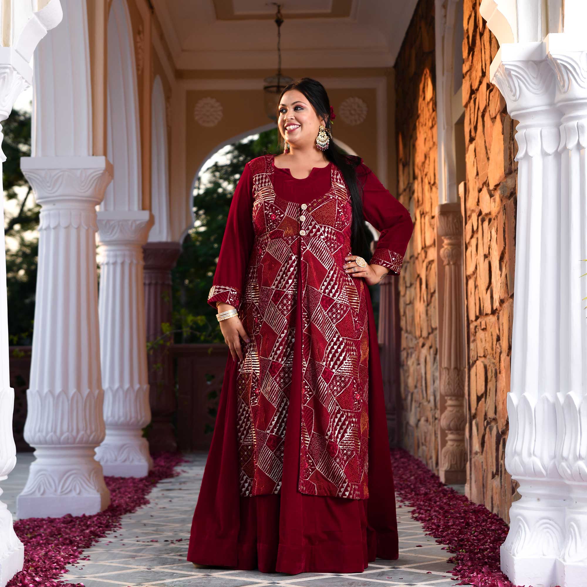 Maroon Velvet Verve Sequin Embroidered Anarkali With Attached Jacket