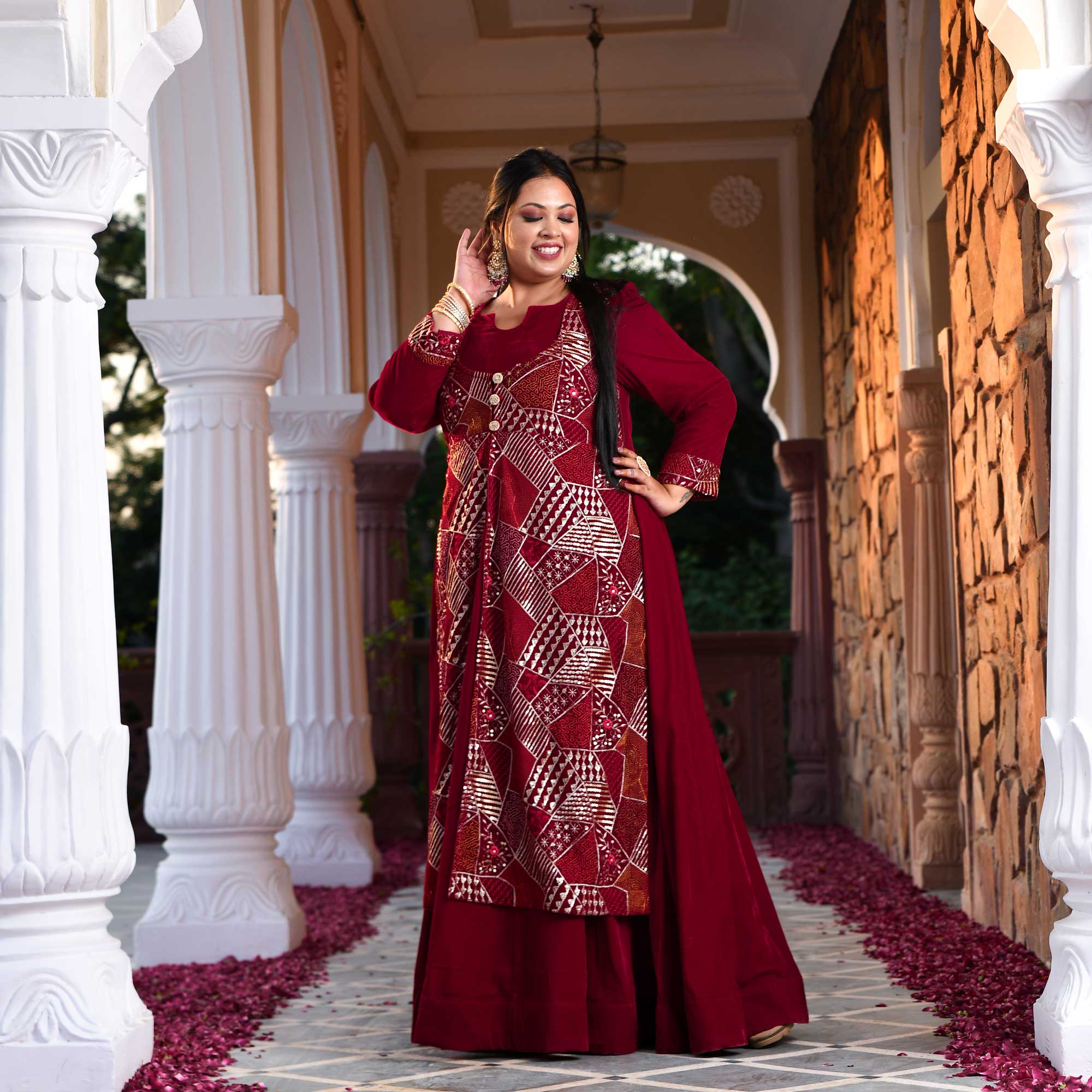 Maroon Velvet Verve Sequin Embroidered Anarkali With Attached Jacket