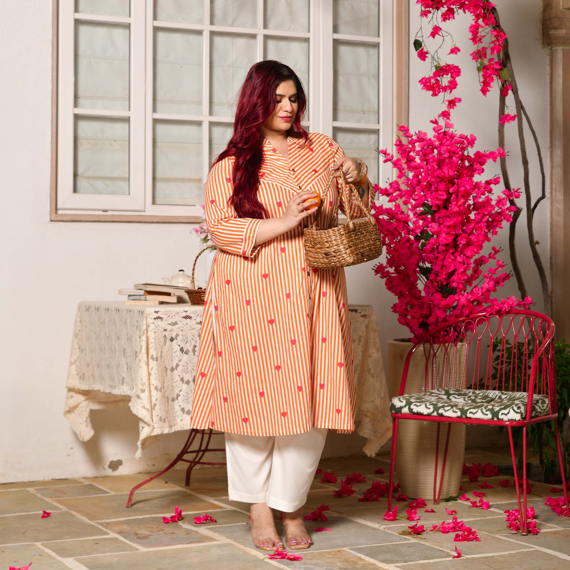 Buttercup- Orange Love Striped Pure Cotton Aline Kurta