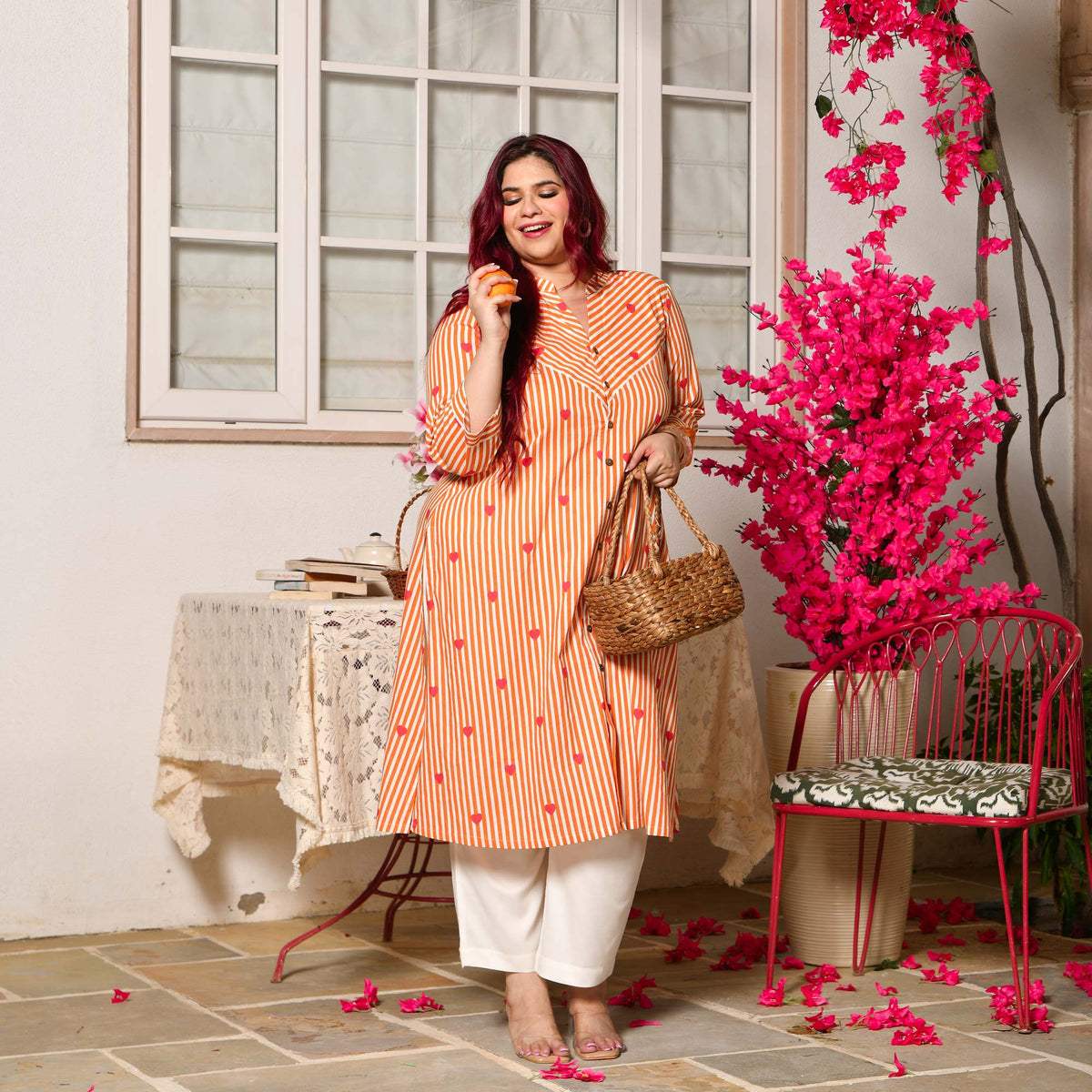Buttercup- Orange Love Striped Pure Cotton Aline Kurta