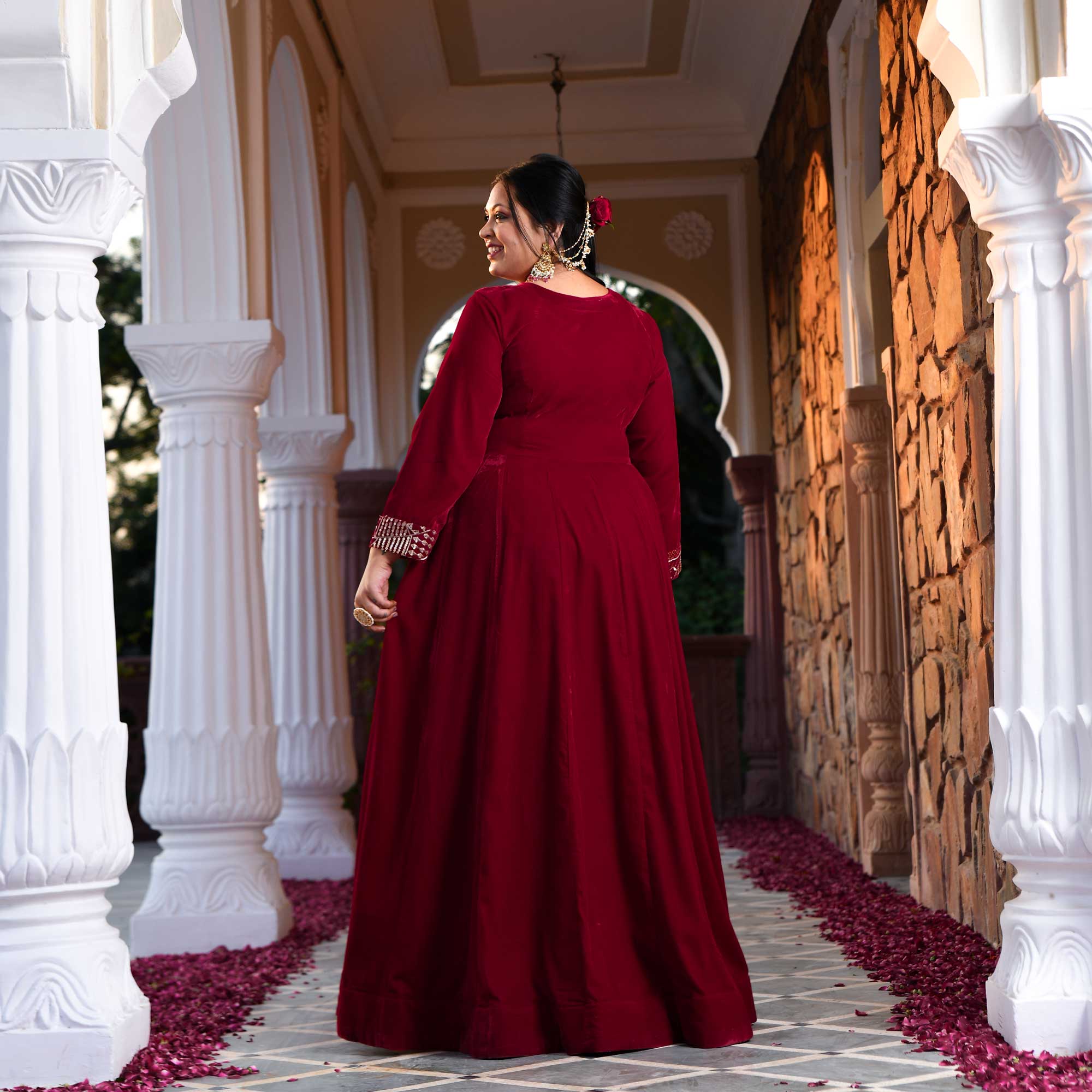 Maroon Velvet Verve Sequin Embroidered Anarkali With Attached Jacket