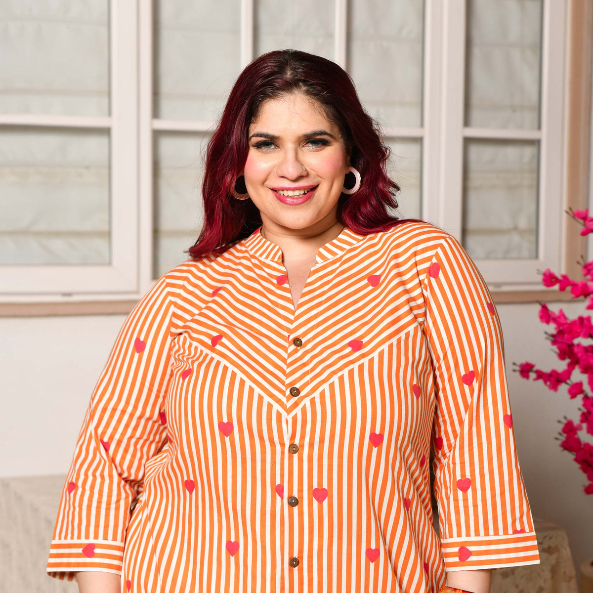 Buttercup- Orange Love Striped Pure Cotton Aline Kurta