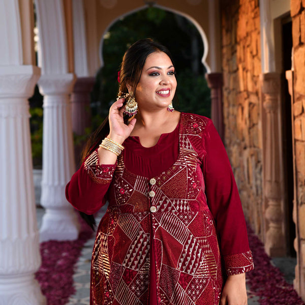 Maroon Velvet Verve Sequin Embroidered Anarkali With Attached Jacket