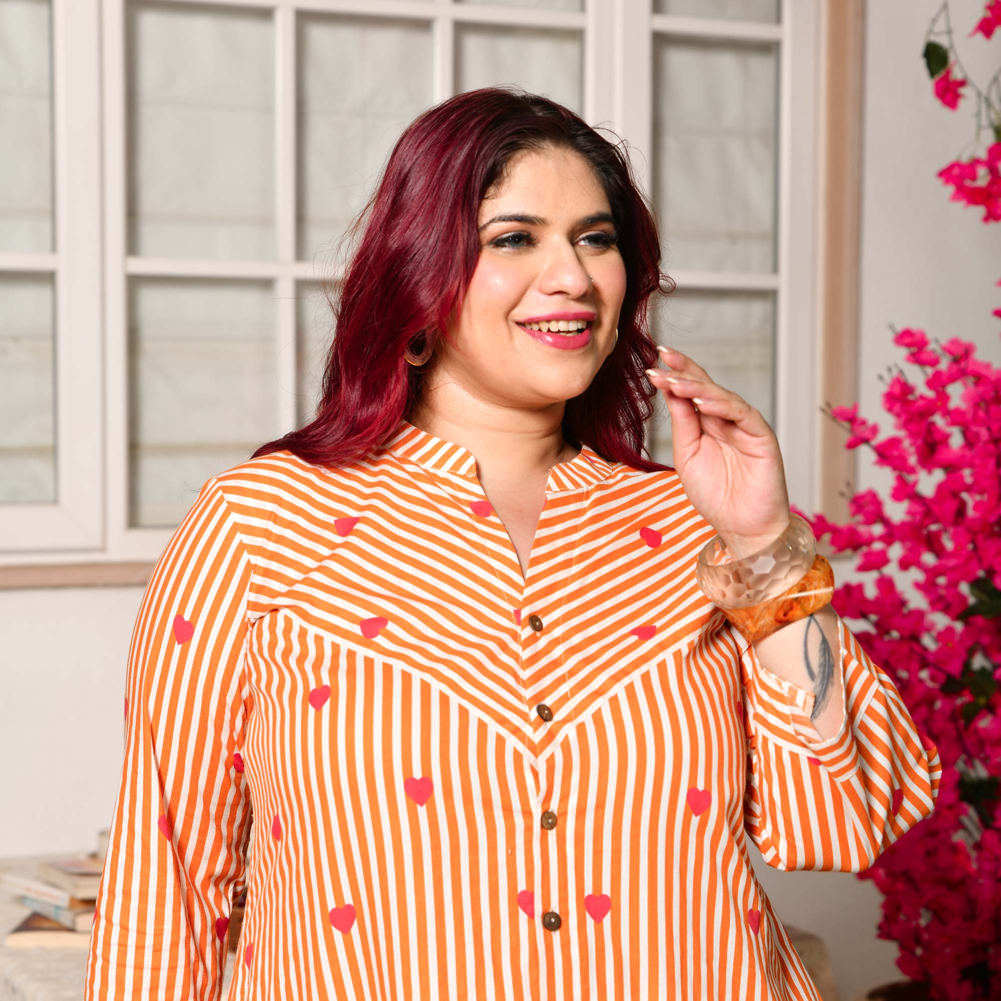 Buttercup- Orange Love Striped Pure Cotton Aline Kurta