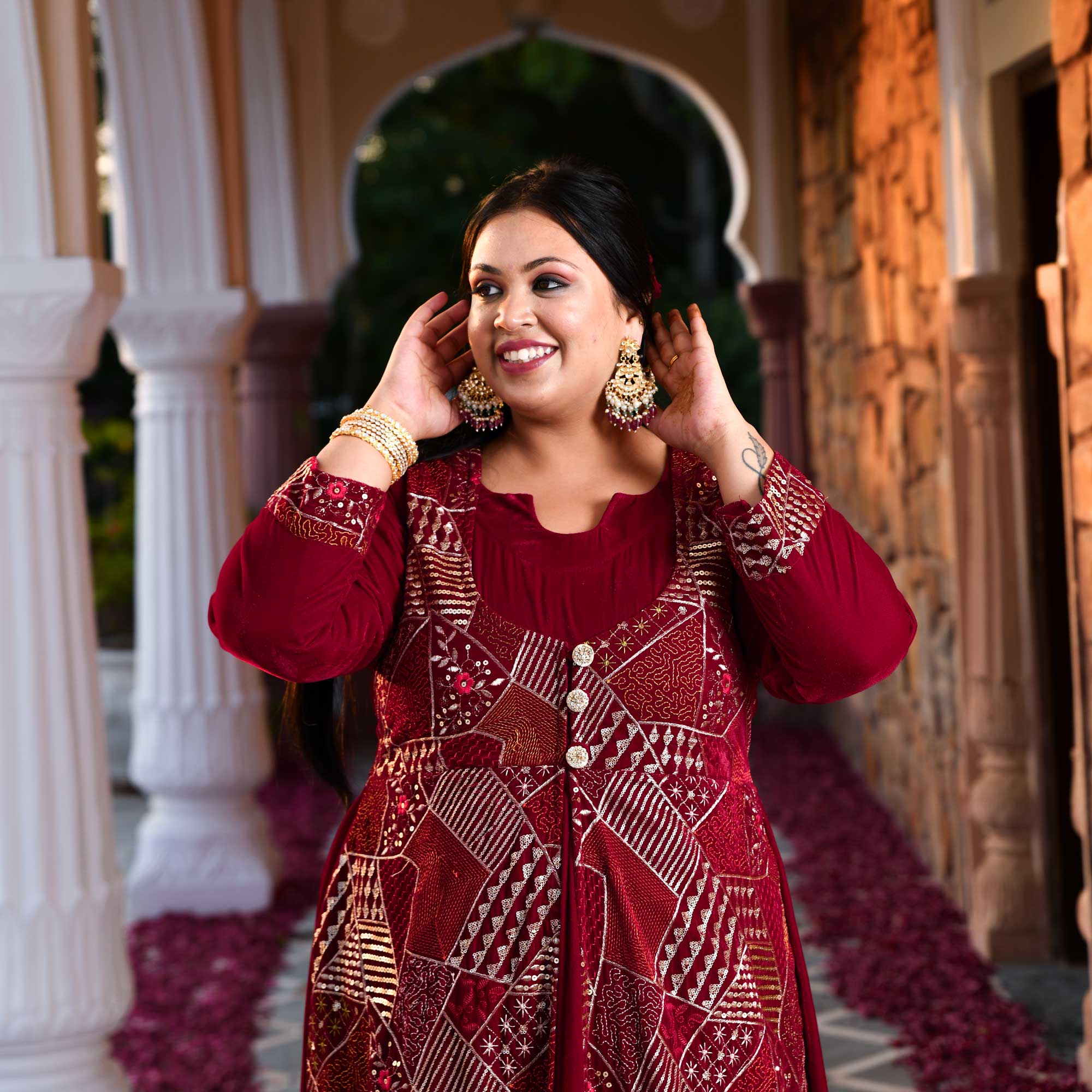 Maroon Velvet Verve Sequin Embroidered Anarkali With Attached Jacket