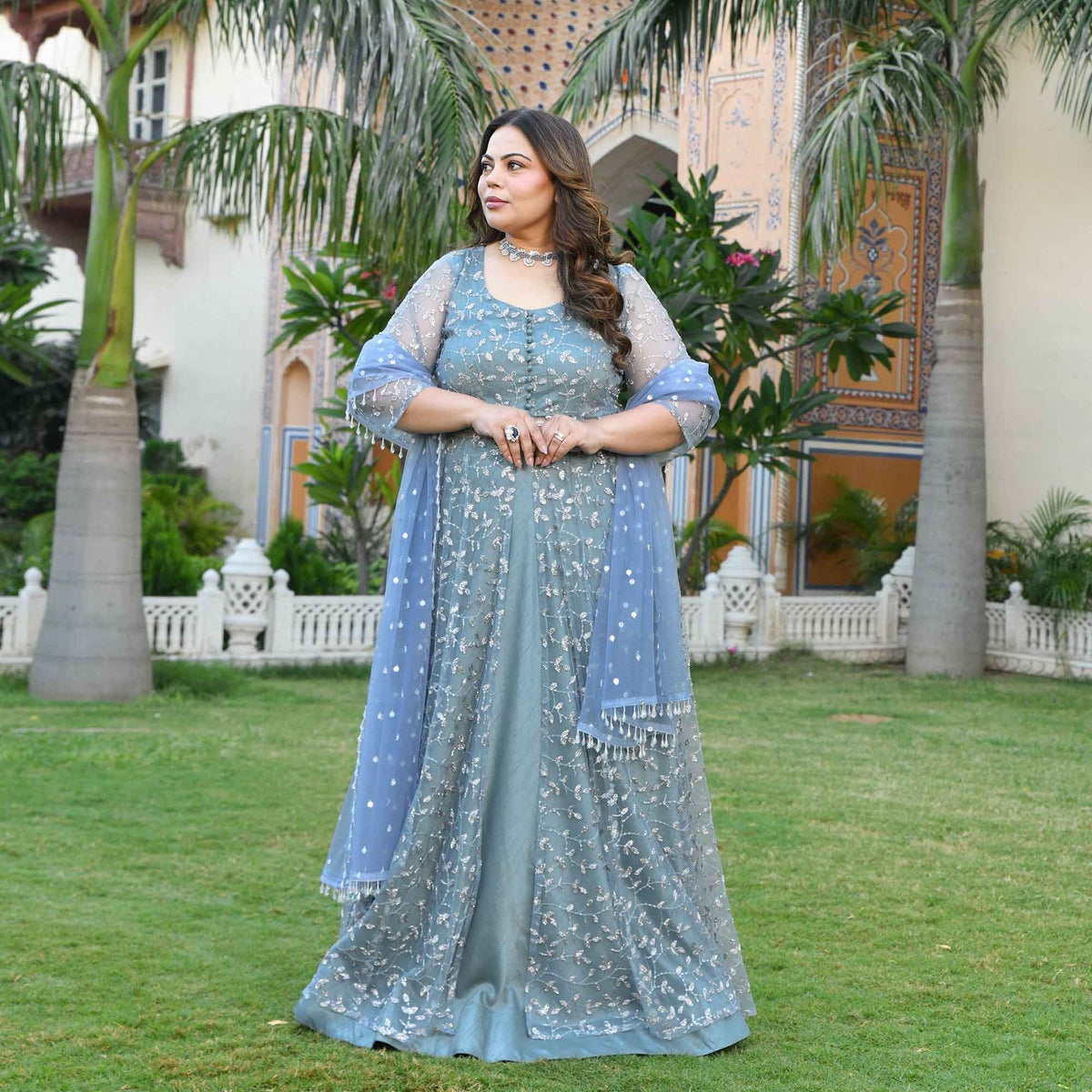 Orion- Ocean Breeze Sequin & Cutdana Embroidered Net Cape Lehenga Set