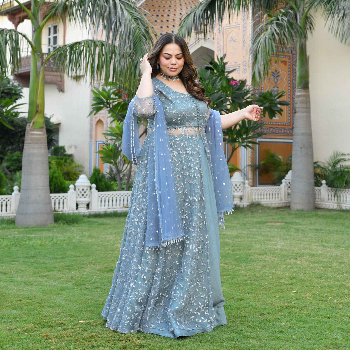 Orion- Ocean Breeze Sequin & Cutdana Embroidered Net Cape Lehenga Set