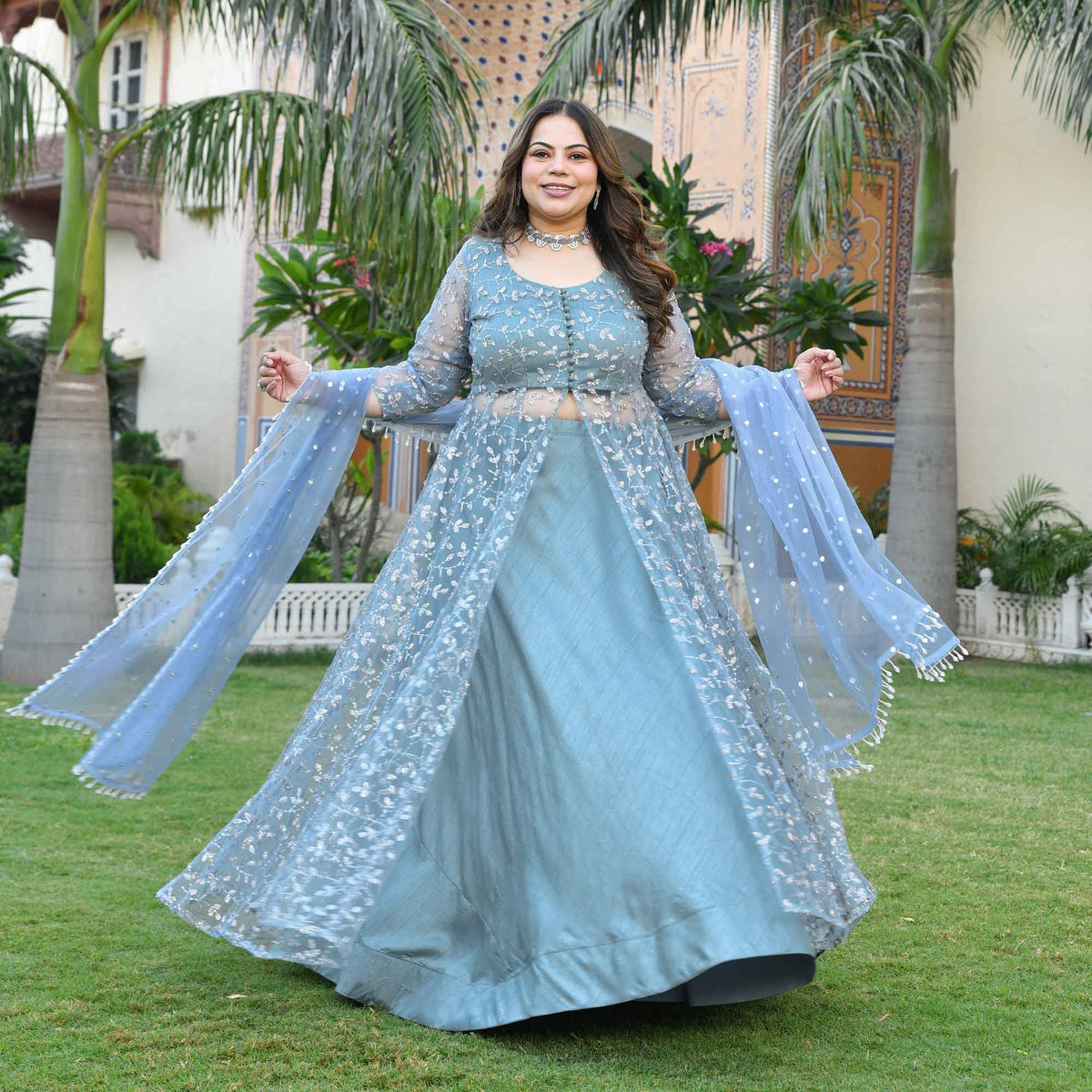 Orion- Ocean Breeze Sequin & Cutdana Embroidered Net Cape Lehenga Set