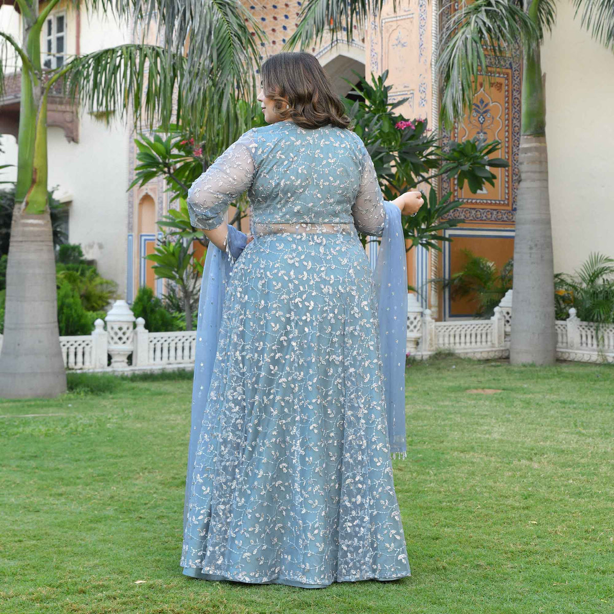 Orion- Ocean Breeze Sequin & Cutdana Embroidered Net Cape Lehenga Set