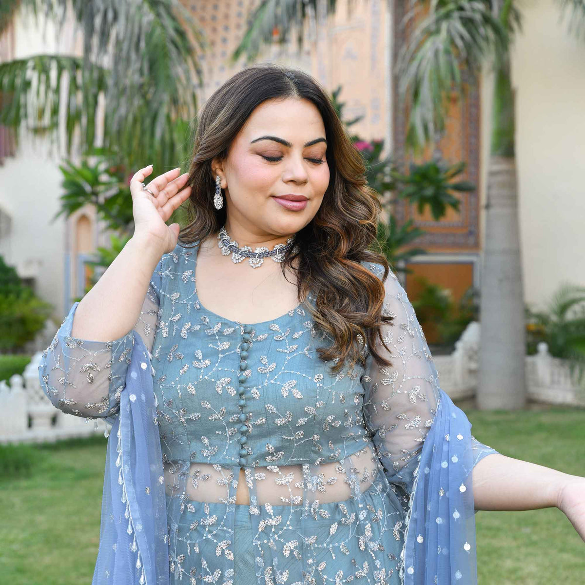 Orion- Ocean Breeze Sequin & Cutdana Embroidered Net Cape Lehenga Set