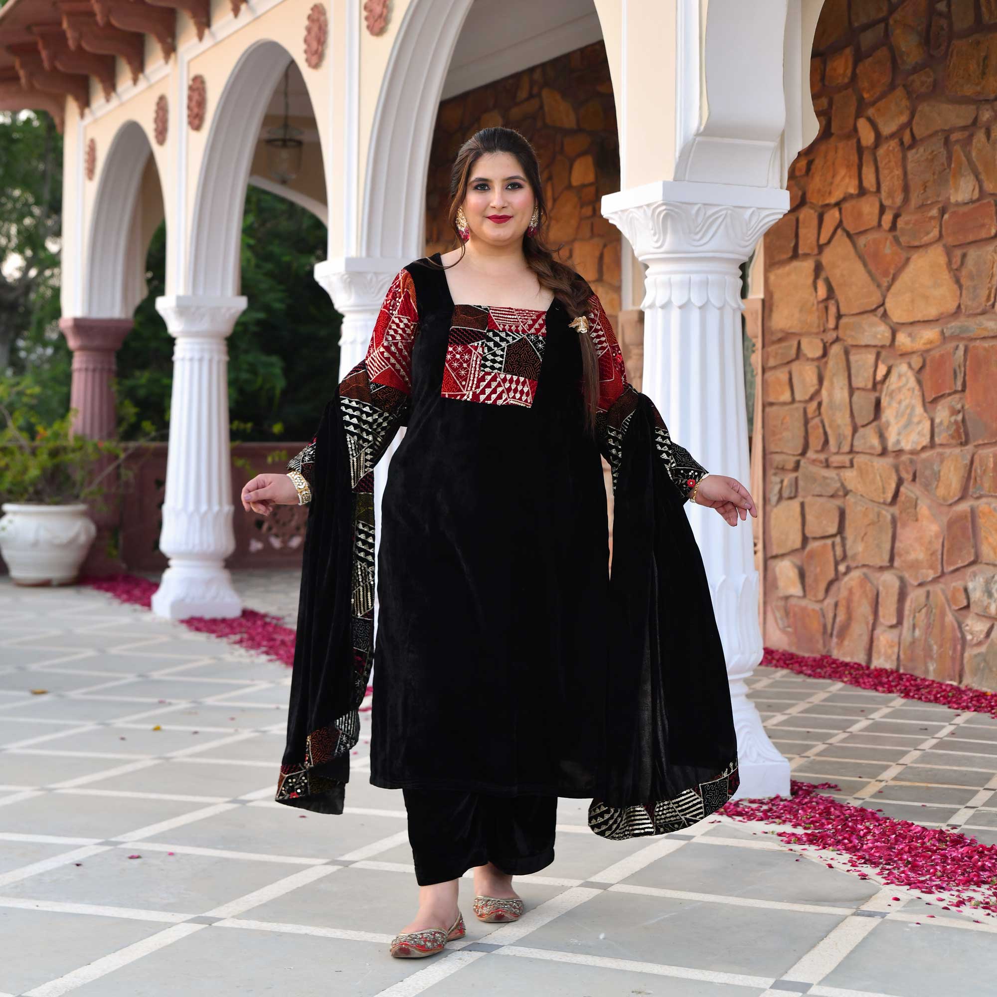 Midnight Black Velvet Sequin Embroidered Kurta