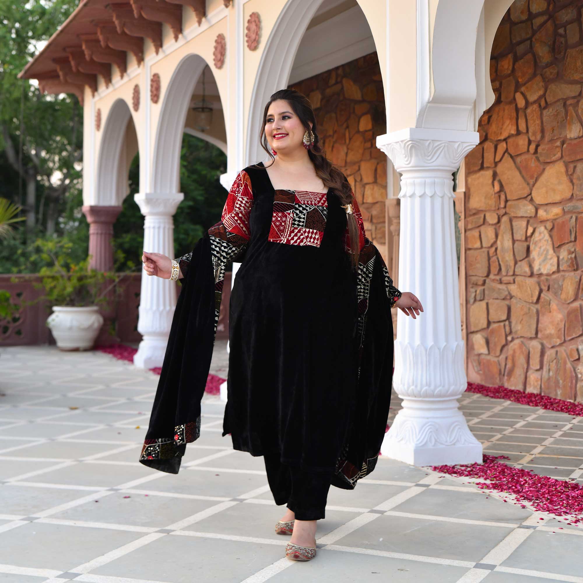 Midnight Black Velvet Sequin Embroidered Kurta