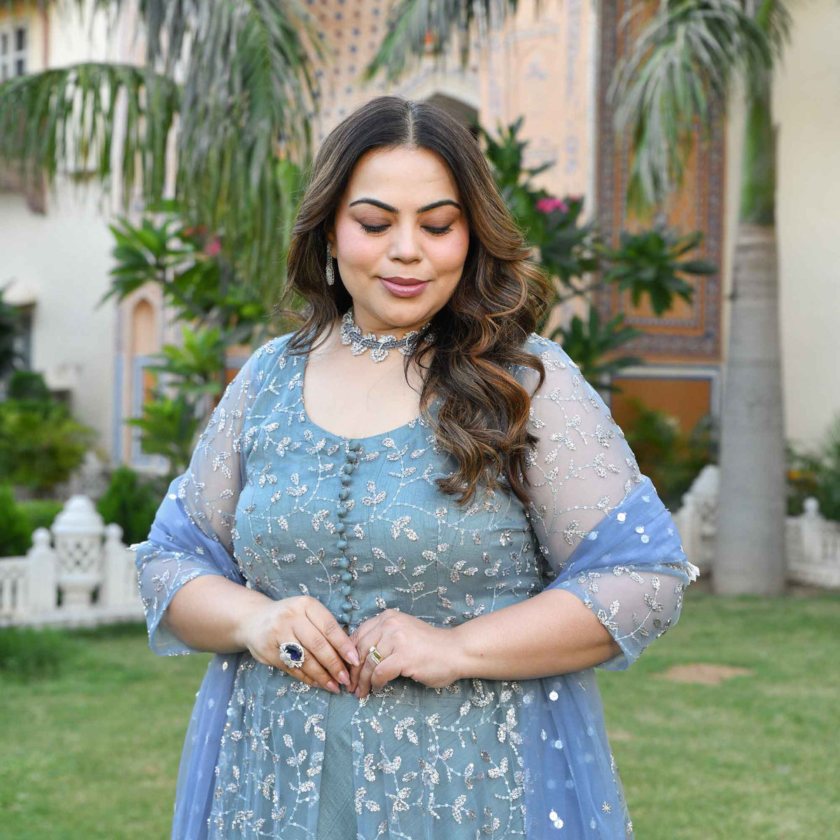 Orion- Ocean Breeze Sequin & Cutdana Embroidered Net Cape Lehenga Set