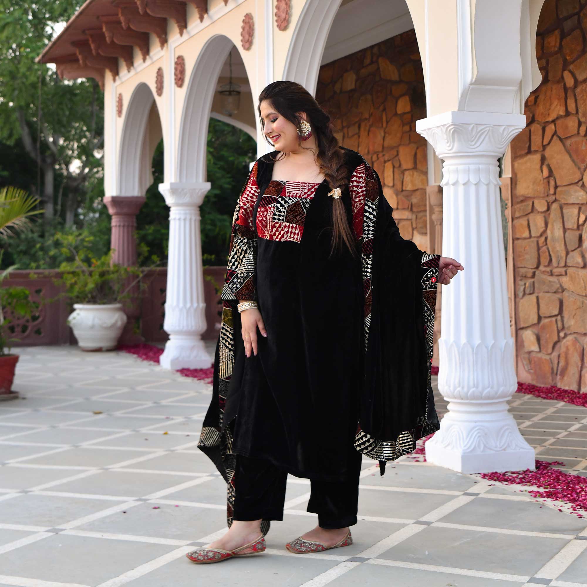 Midnight Black Velvet Sequin Embroidered Kurta