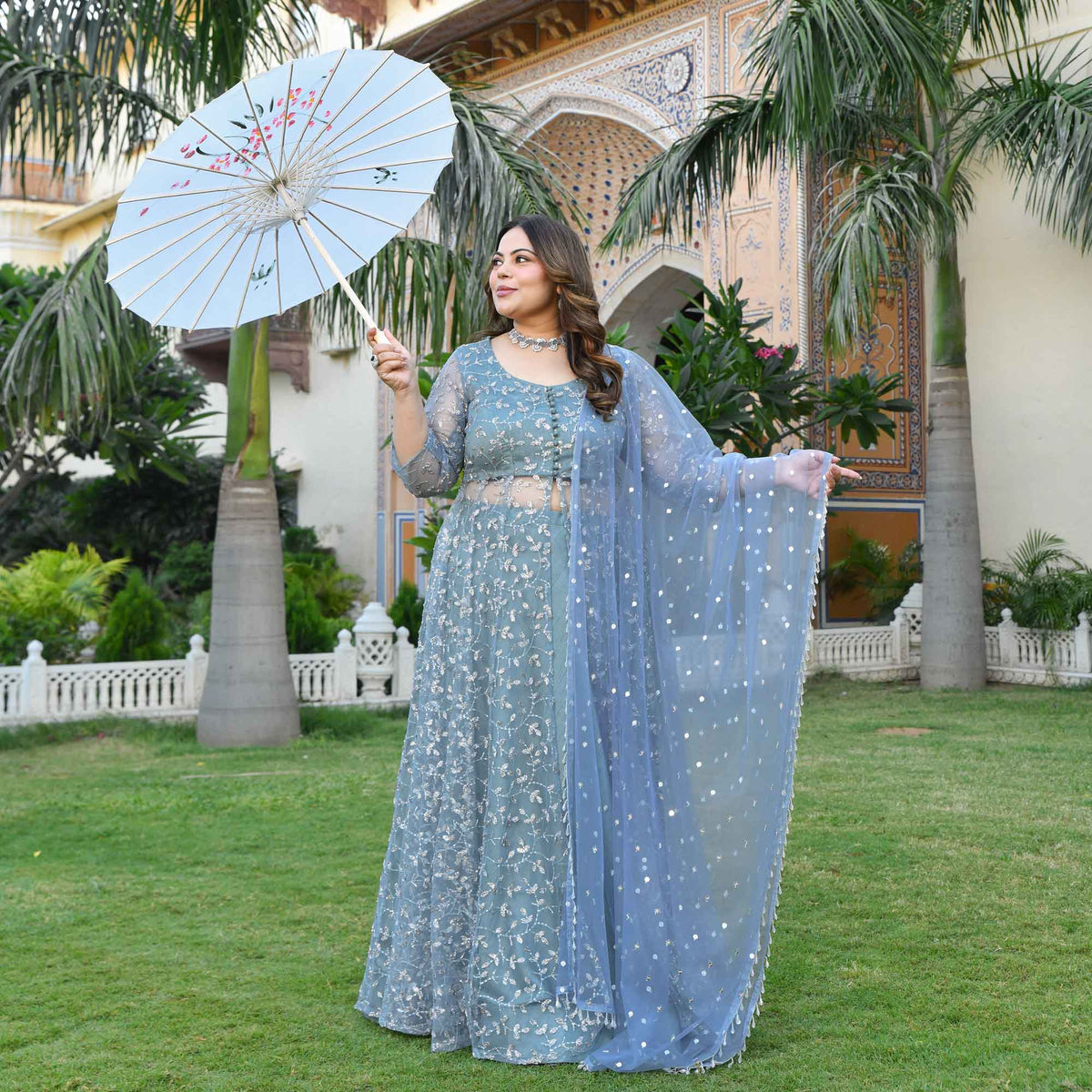 Orion- Ocean Breeze Sequin & Cutdana Embroidered Net Cape Lehenga Set