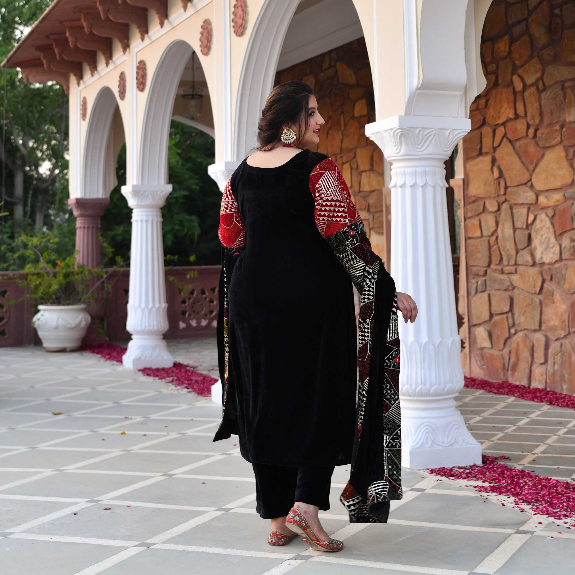 Midnight Black Velvet Sequin Embroidered Kurta