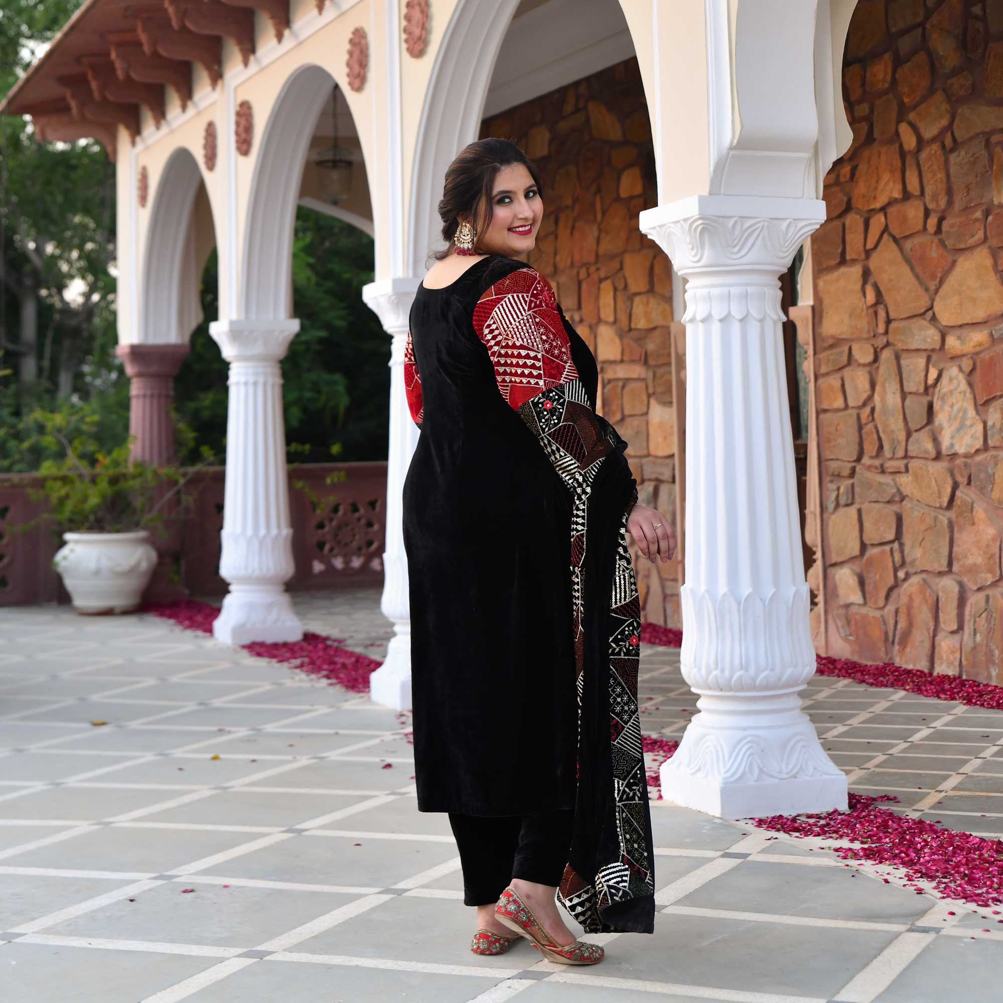 Midnight Black Velvet Sequin Embroidered Kurta