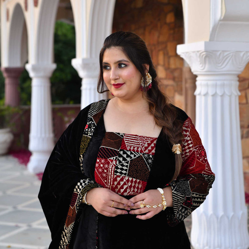 Midnight Black Velvet Sequin Embroidered Suit Set Plus Size