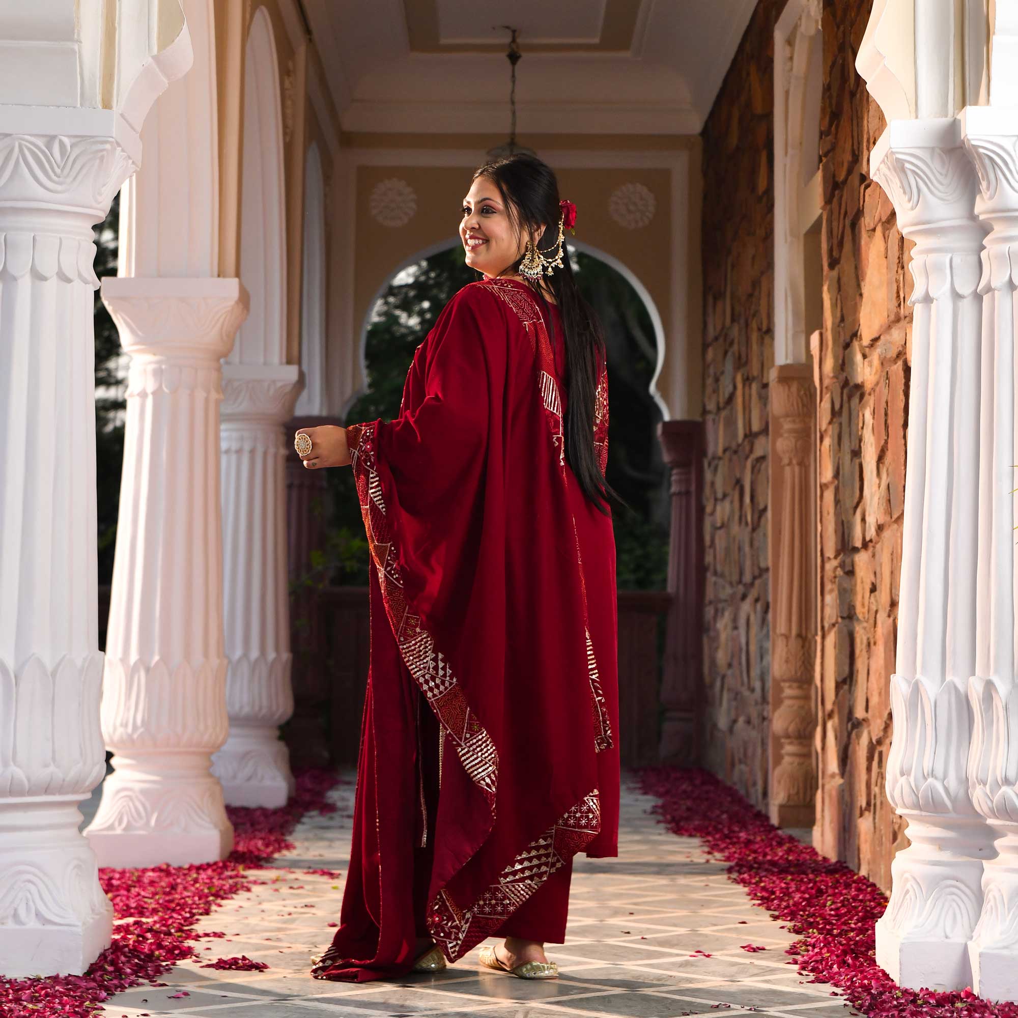 Maroon Velvet Verve Sequin Embroidered Kurta