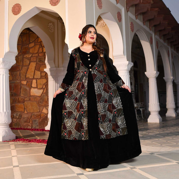 Midnight Black Velvet Sequin Embroidered Anarkali With Jacket