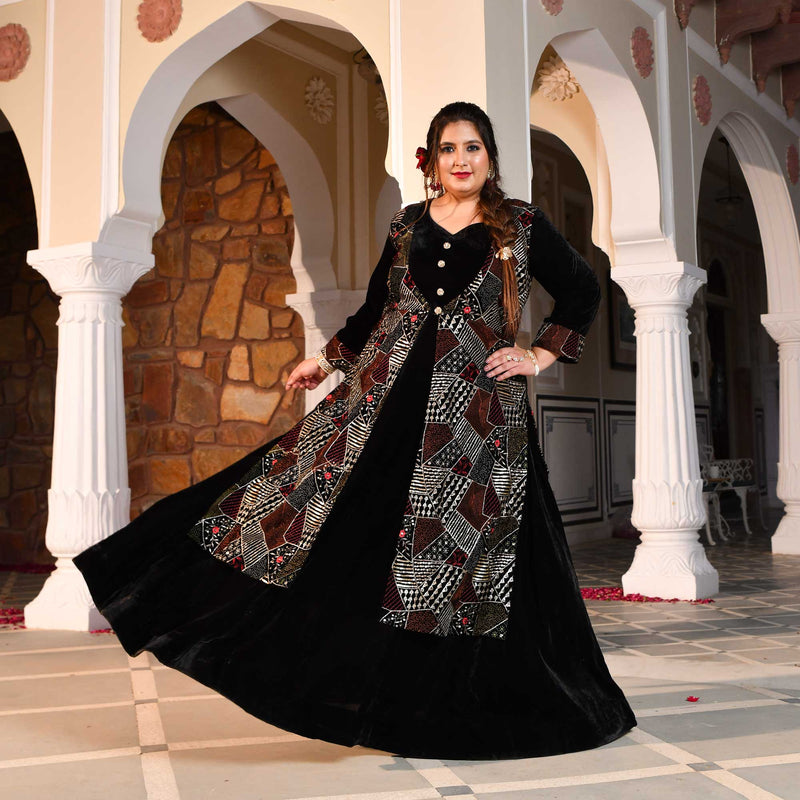 Midnight Black Velvet Sequin Embroidered Anarkali With Jacket