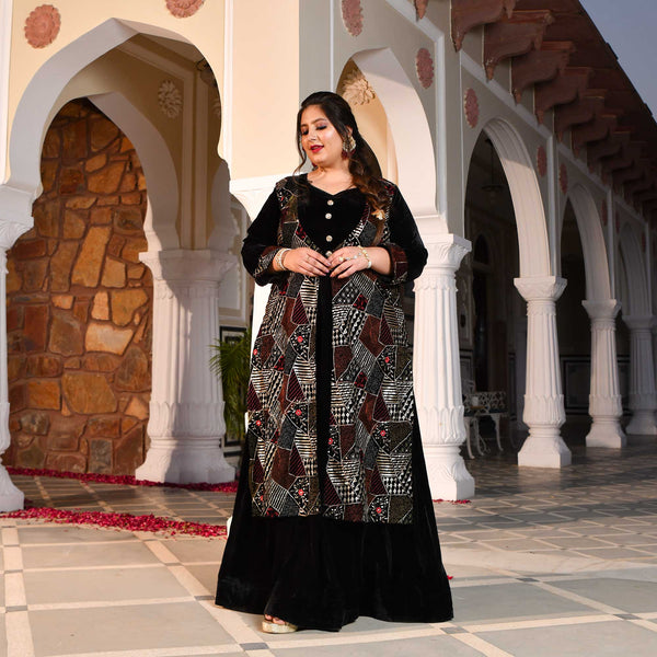 Midnight Black Velvet Sequin Embroidered Anarkali With Jacket