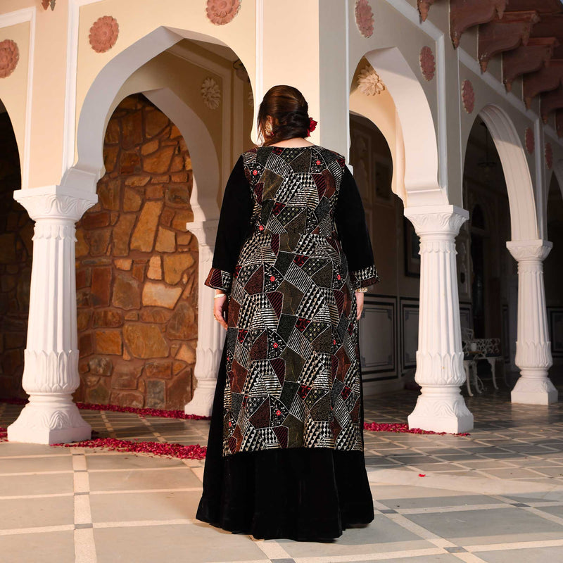 Midnight Black Velvet Sequin Embroidered Anarkali With Jacket