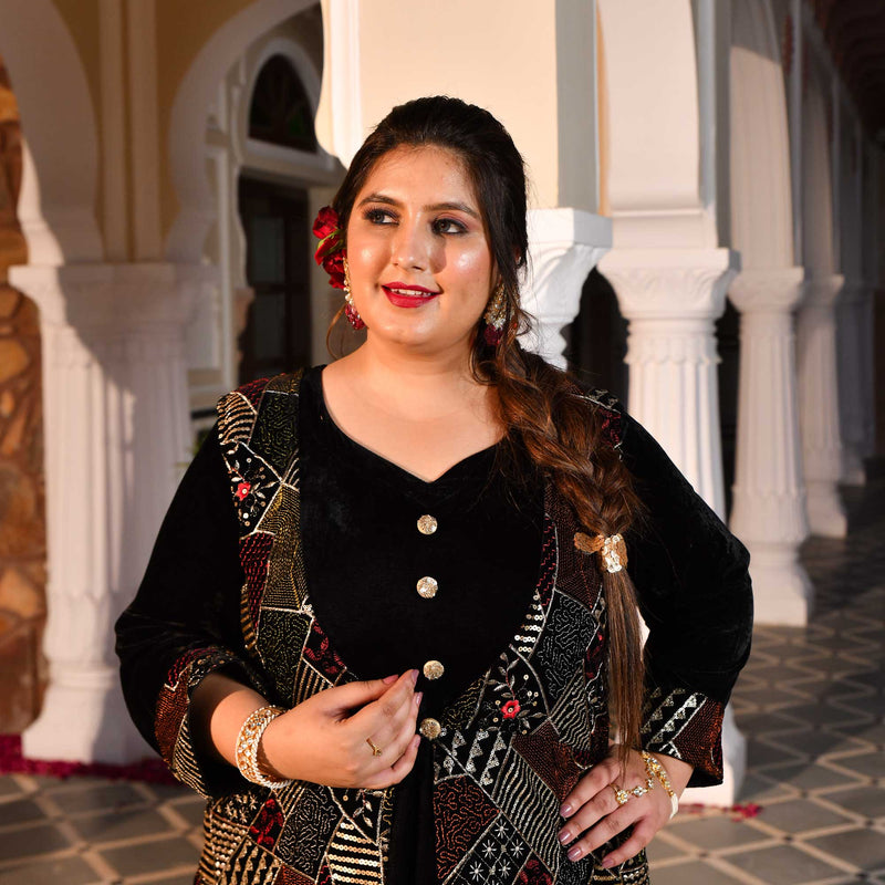 Midnight Black Velvet Sequin Embroidered Anarkali With Jacket
