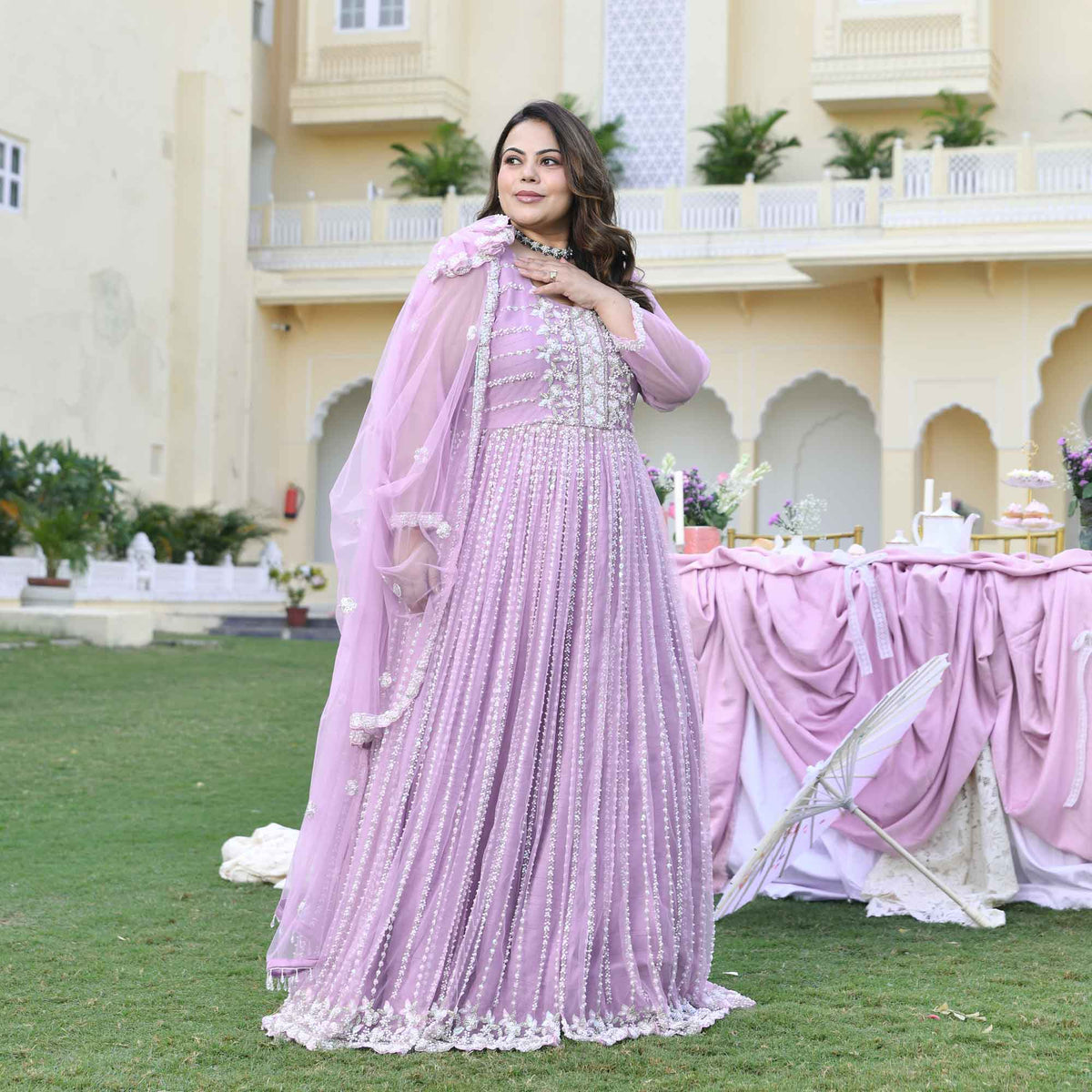 Dione- Periwinkle Pearl & Sequin Embroidered Net Cape Lehenga Set