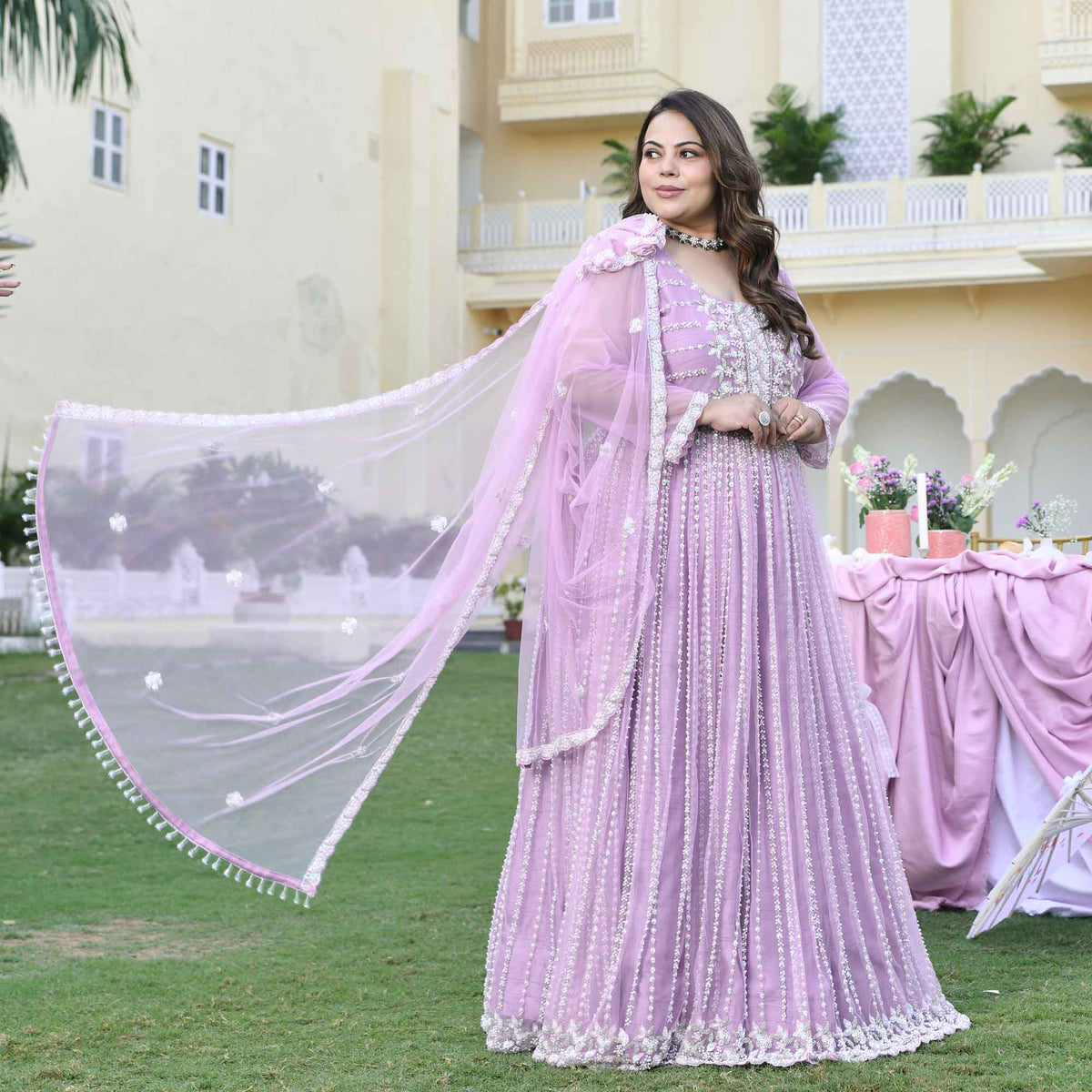 Dione- Periwinkle Pearl & Sequin Embroidered Net Cape Lehenga Set