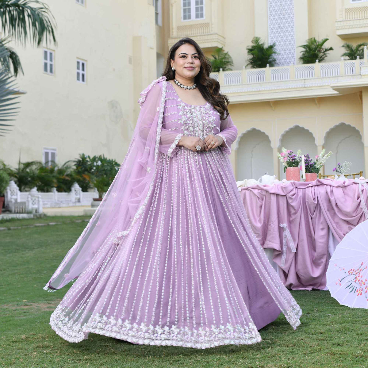 Dione- Periwinkle Pearl & Sequin Embroidered Net Cape Lehenga Set