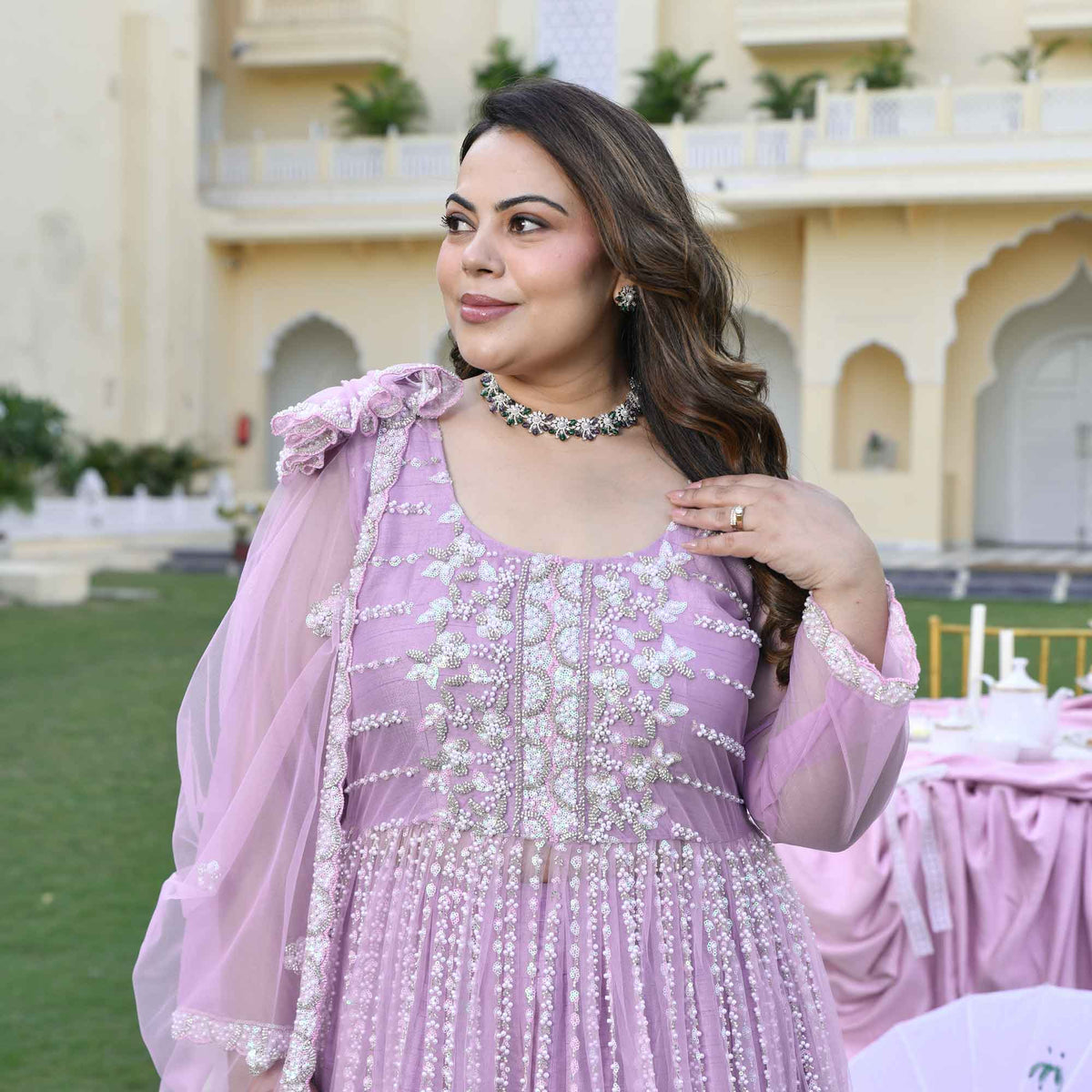 Dione- Periwinkle Pearl & Sequin Embroidered Net Cape Lehenga Set