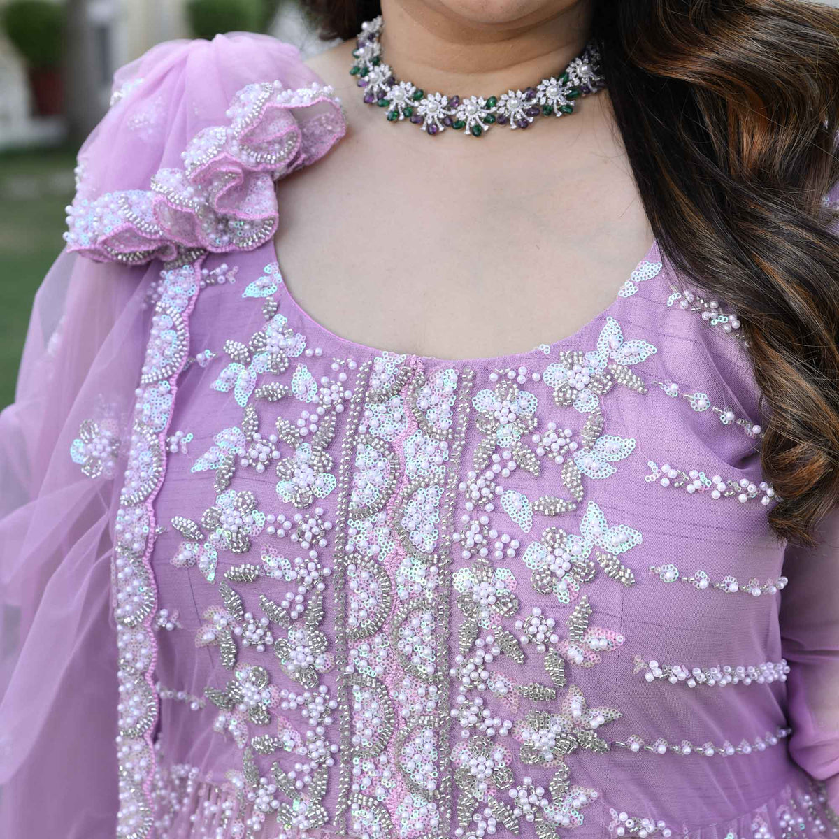 Dione- Periwinkle Pearl & Sequin Embroidered Net Cape Lehenga Set