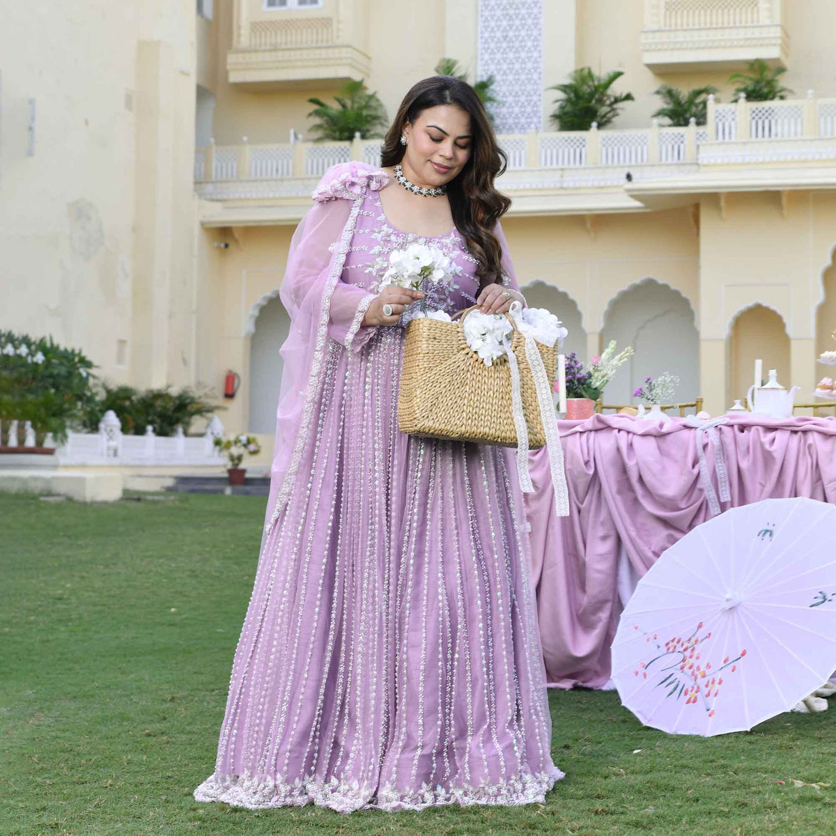 Dione- Periwinkle Pearl & Sequin Embroidered Net Cape Lehenga Set