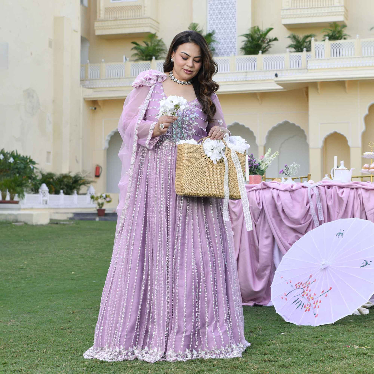 Dione- Periwinkle Pearl & Sequin Embroidered Net Cape Lehenga Set