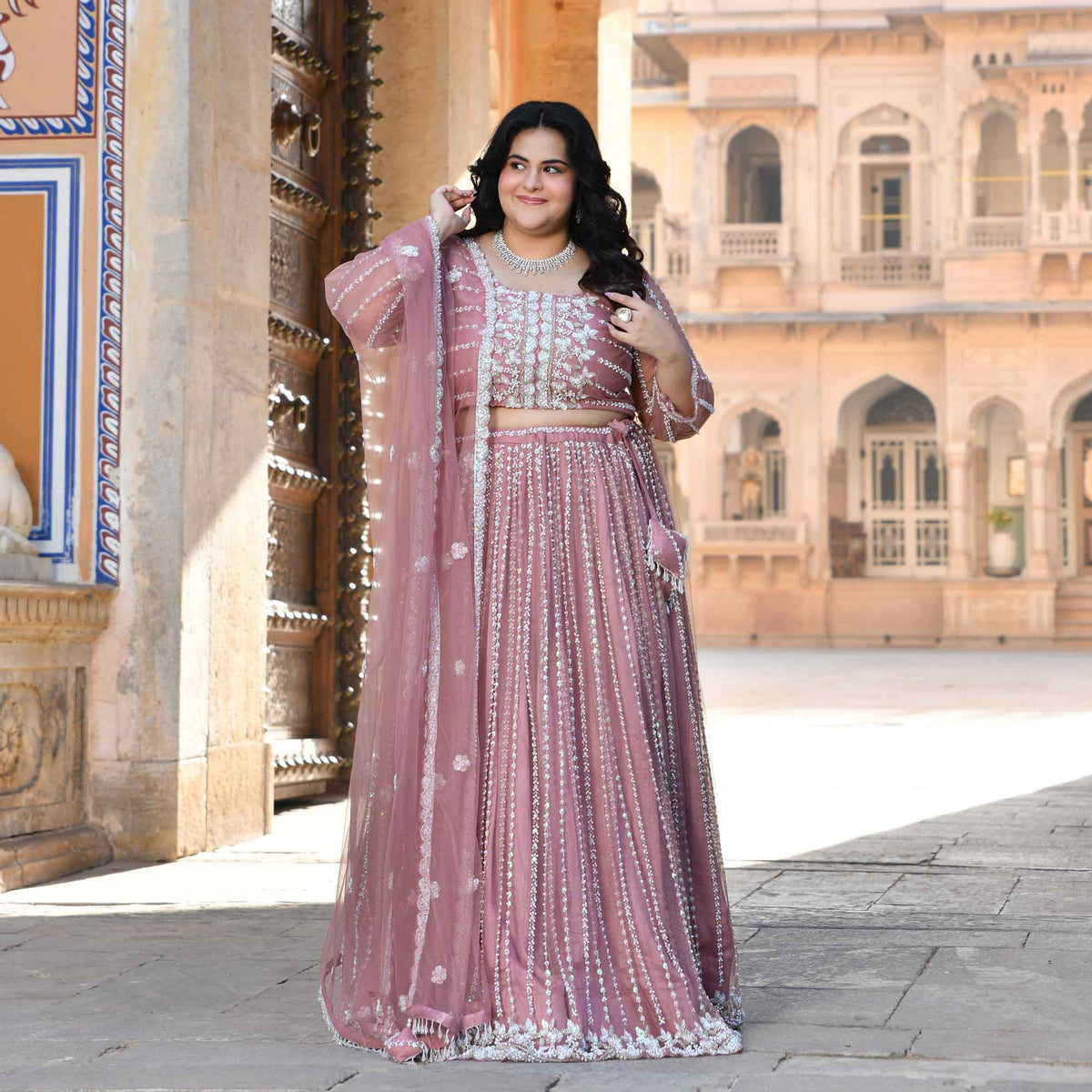 Iris- Apricot Blush Pearl & Sequin Embroidered Net Lehenga Set