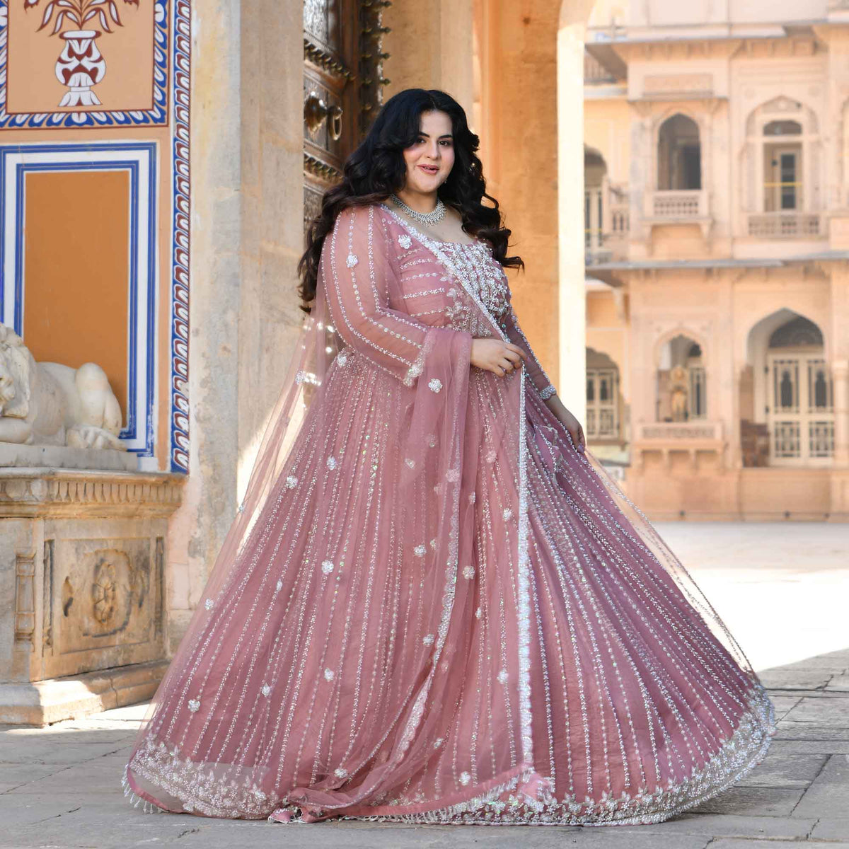 Iris- Apricot Blush Pearl & Sequin Embroidered Net Lehenga Set