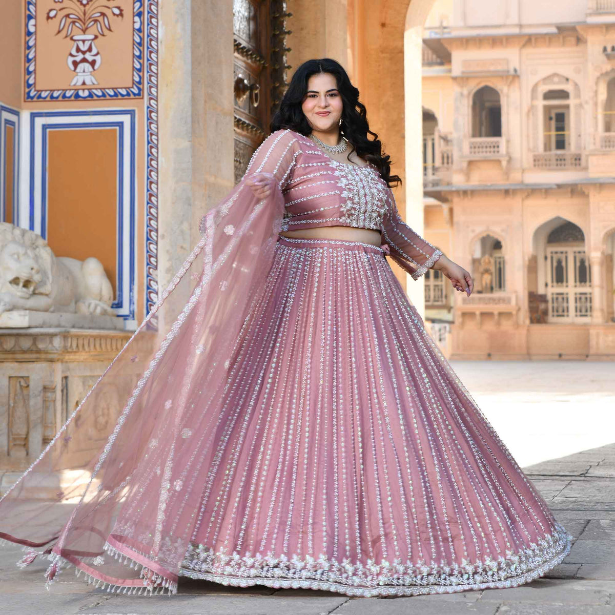 Iris- Apricot Blush Pearl & Sequin Embroidered Net Lehenga Set