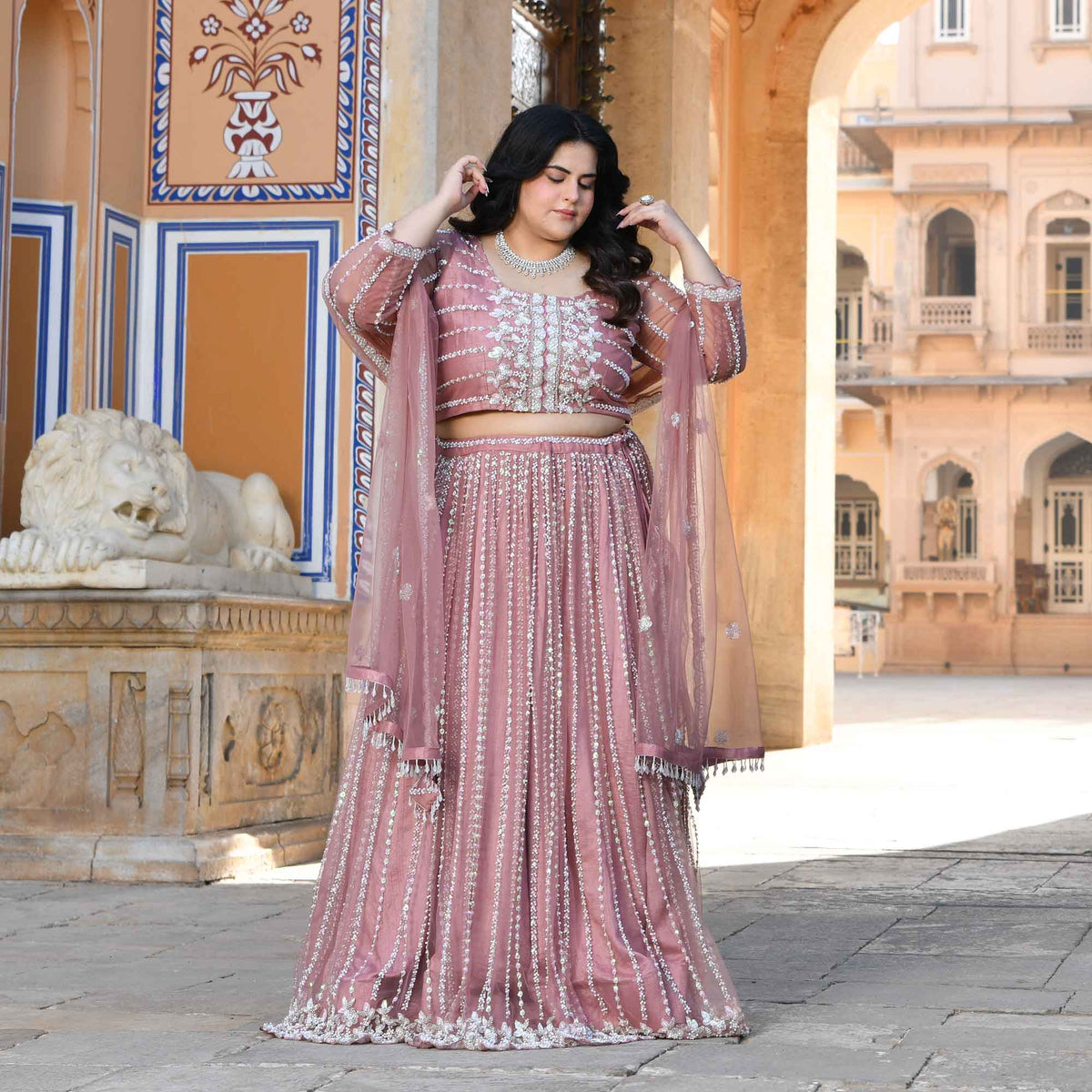 Iris- Apricot Blush Pearl & Sequin Embroidered Net Lehenga Set