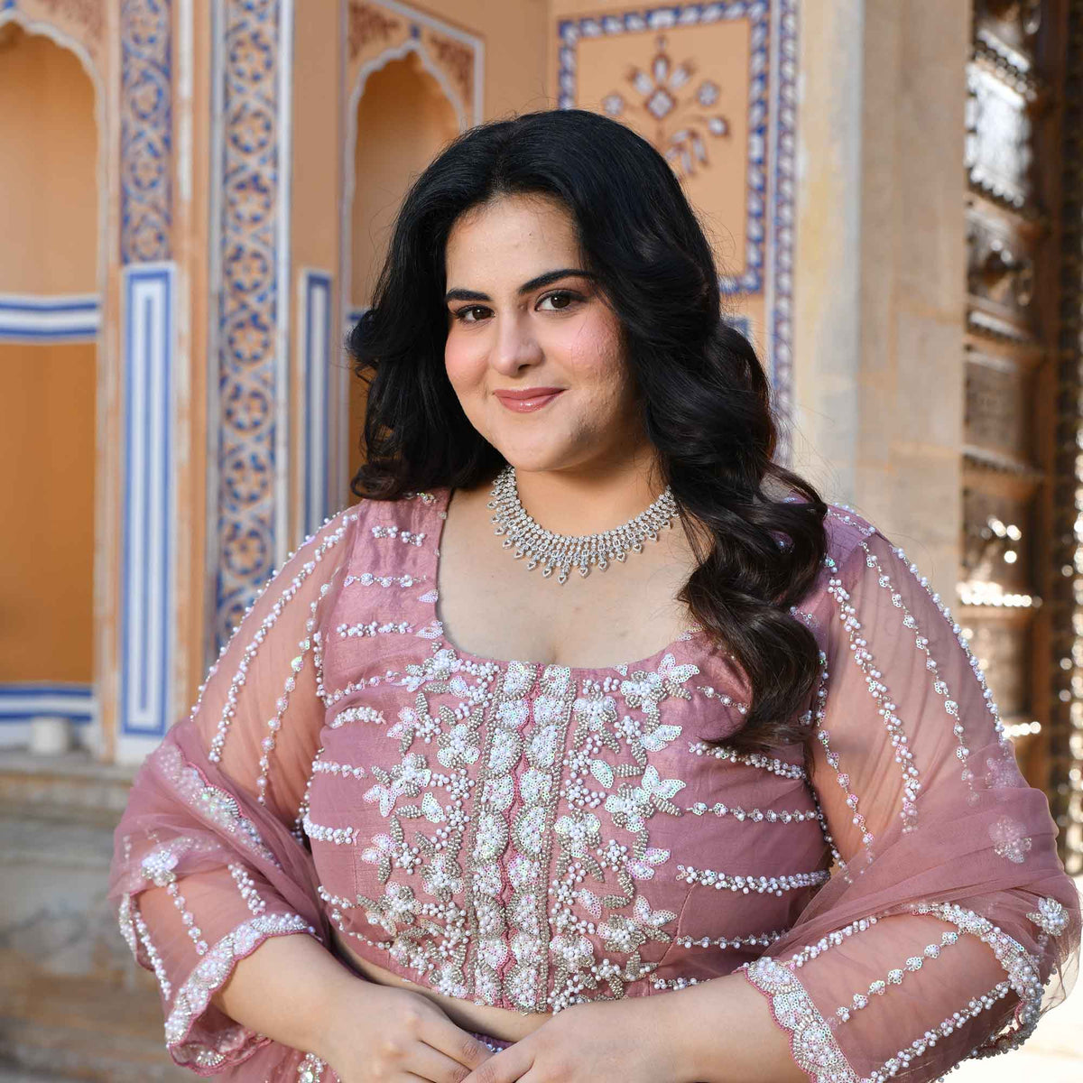 Iris- Apricot Blush Pearl & Sequin Embroidered Net Lehenga Set
