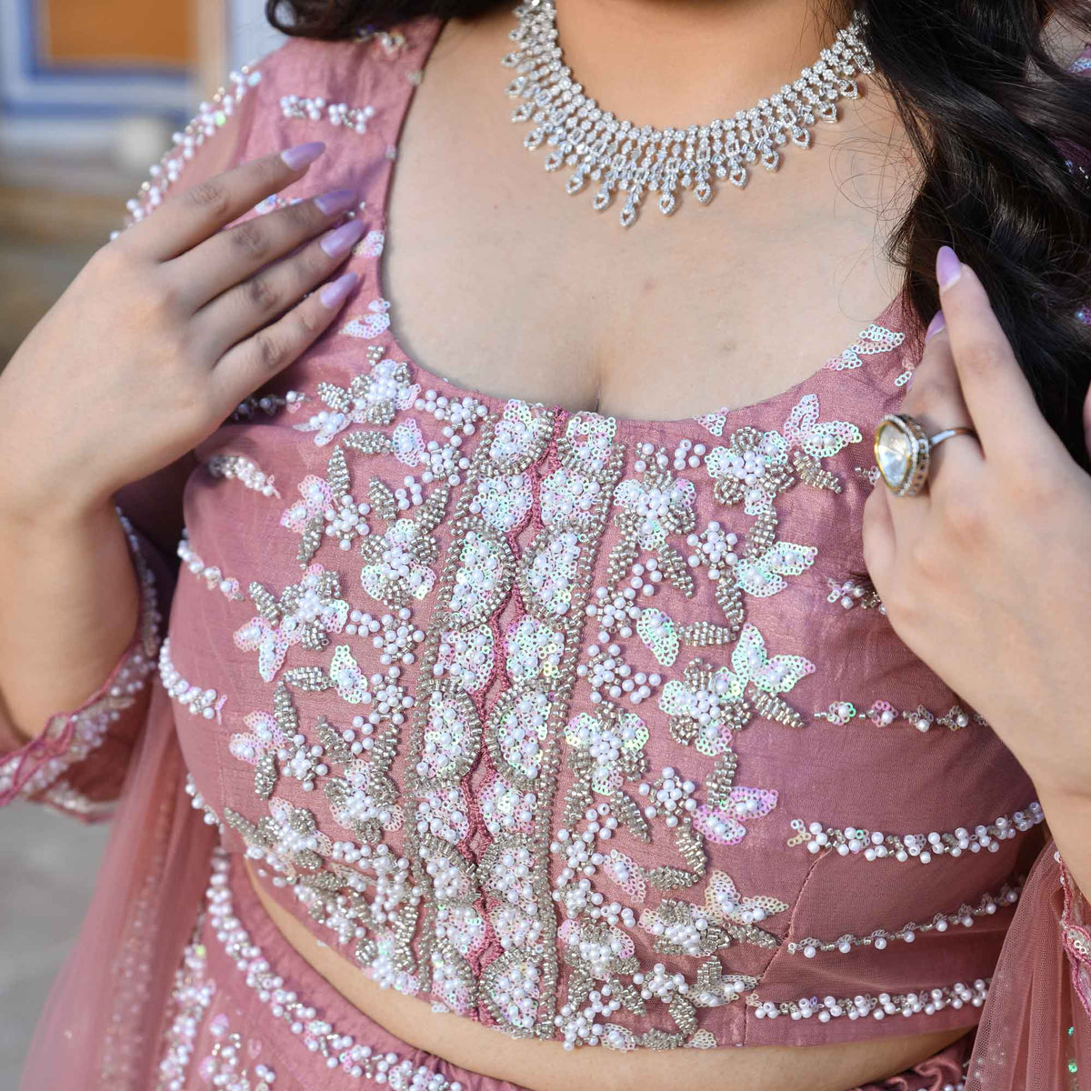 Iris- Apricot Blush Pearl & Sequin Embroidered Net Lehenga Set