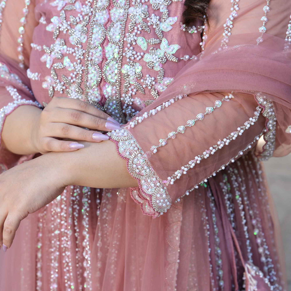 Iris- Apricot Blush Pearl & Sequin Embroidered Net Lehenga Set