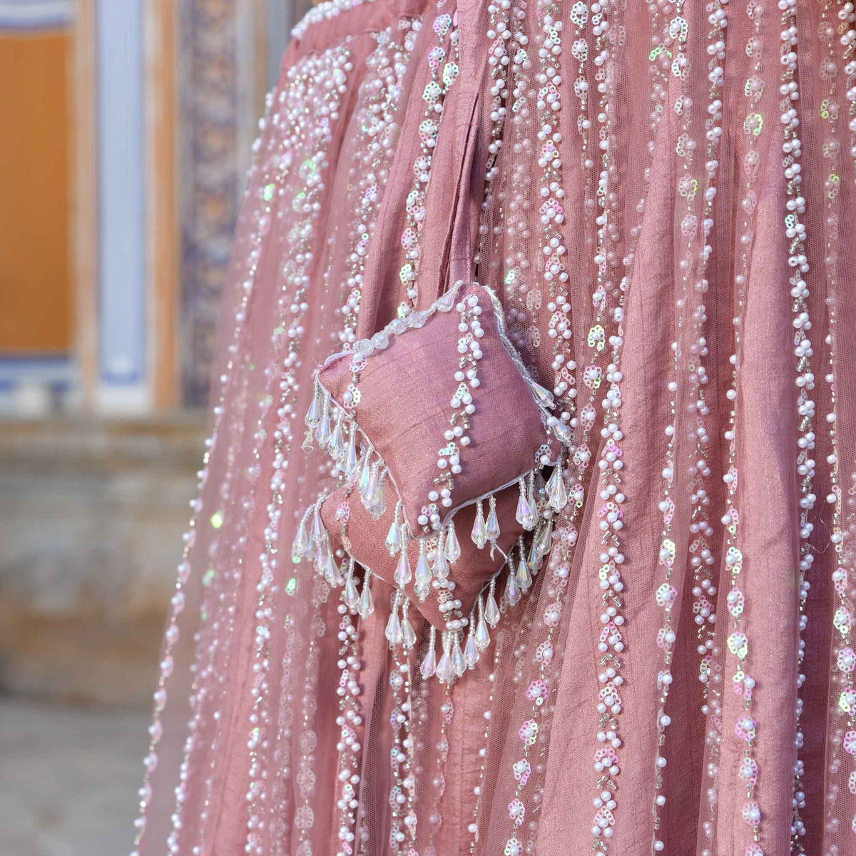 Iris- Apricot Blush Pearl & Sequin Embroidered Net Lehenga Set